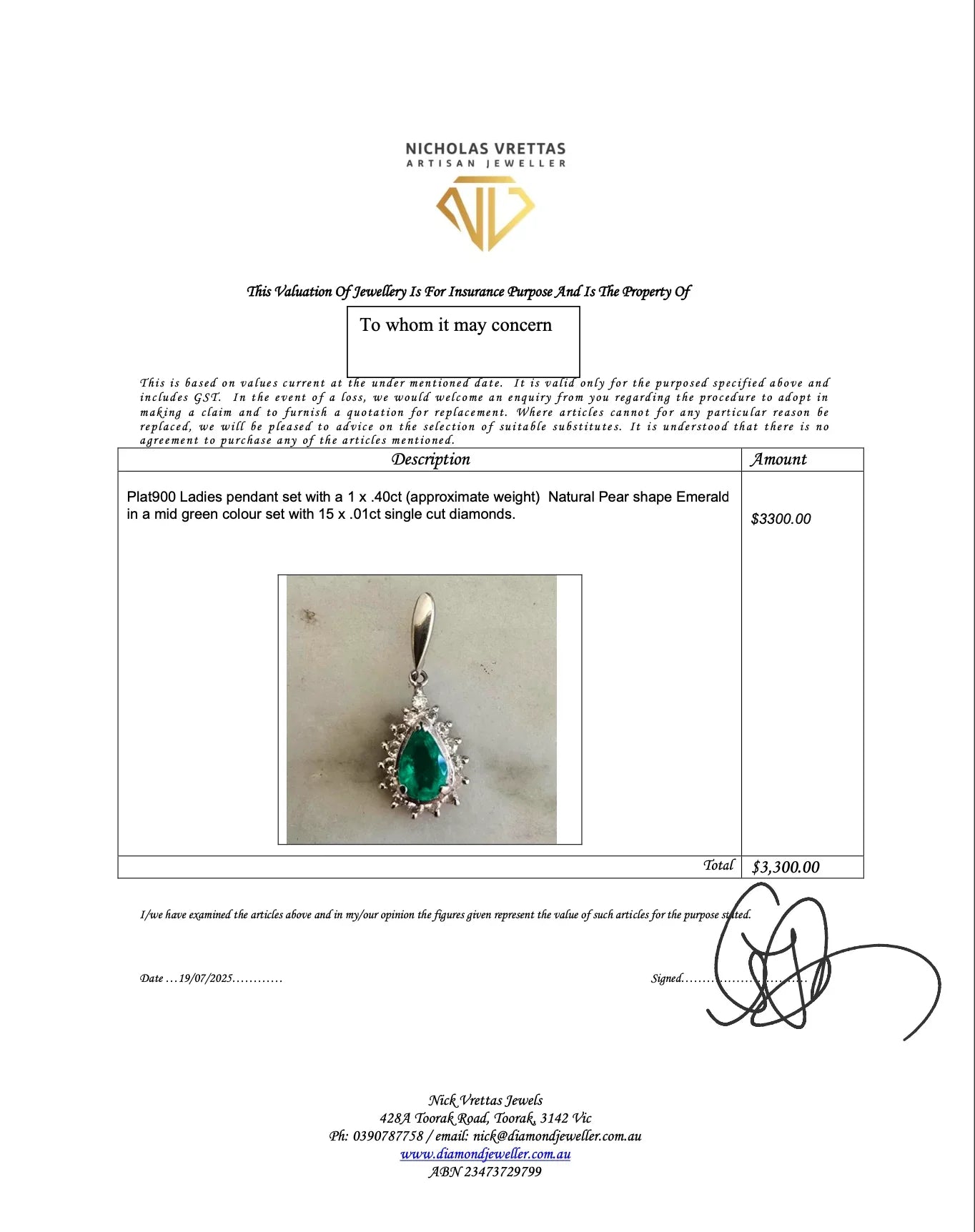 Platinum 900 Natural Emerald 0.40ct & Diamond 0.15ct Pear Halo Pendant - Lost Designer