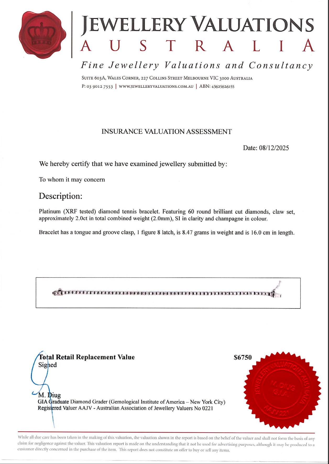 2.00ct SI Natural Diamond on Platinum Tennis Bracelet