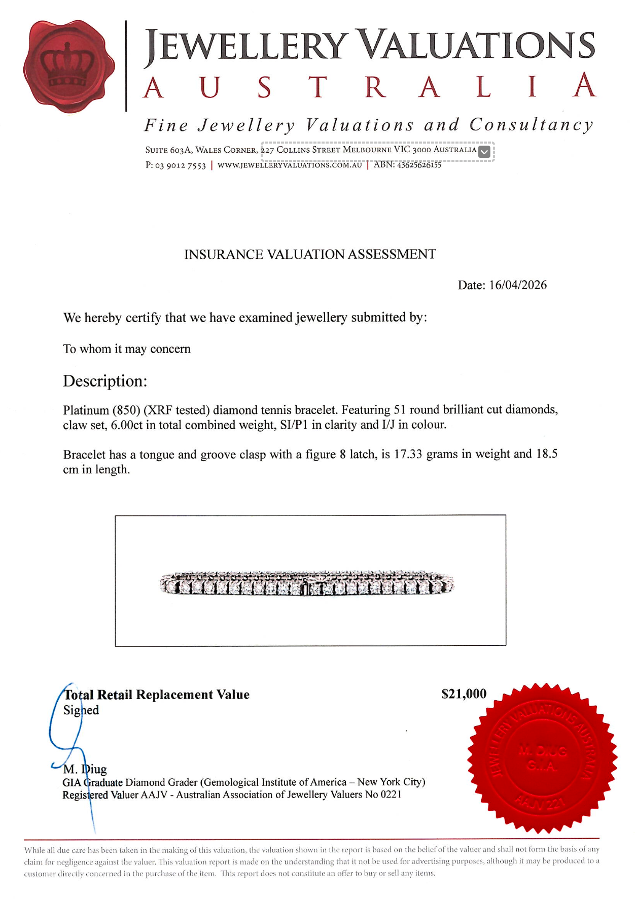 6.00Ct Natural Round Brilliant Diamond Tennis Bracelet In Platinum 850