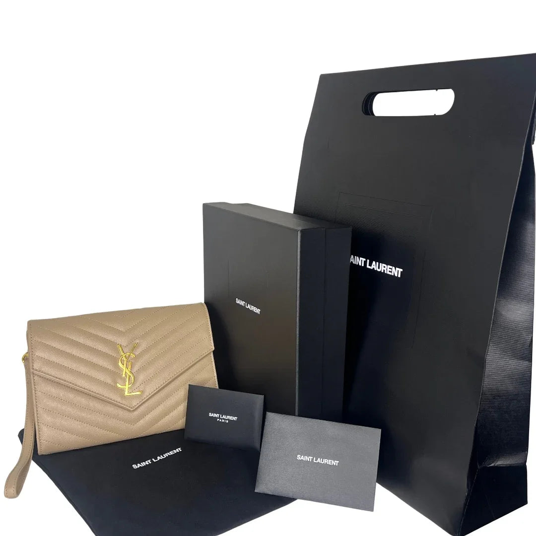Saint Laurent Cassandra Clutch – Chevron Quilted Leather Beige - Lost Designer