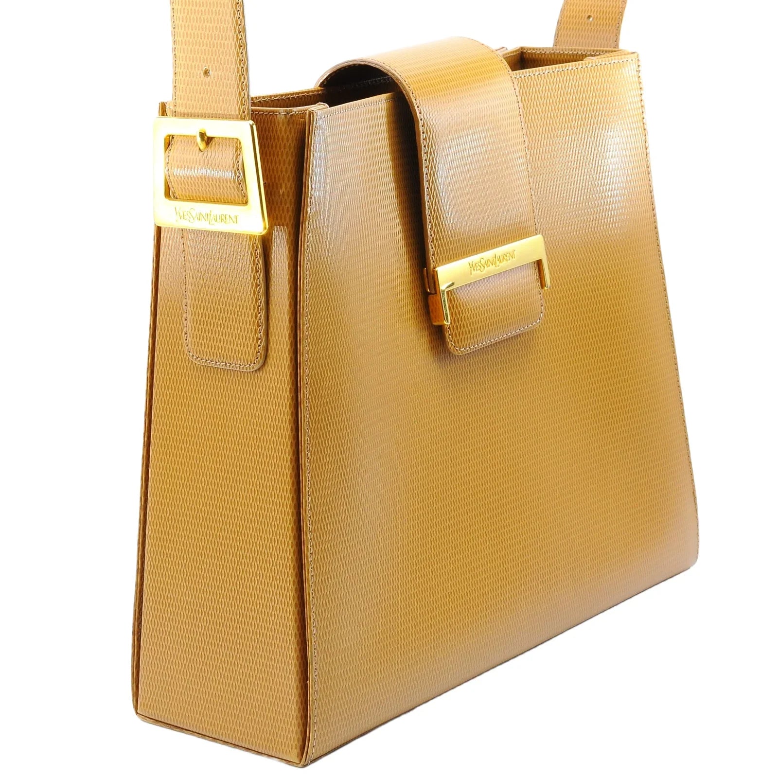 Saint Laurent Lizard Embossed Leather Shoulder Bag Amber - Lost Designer
