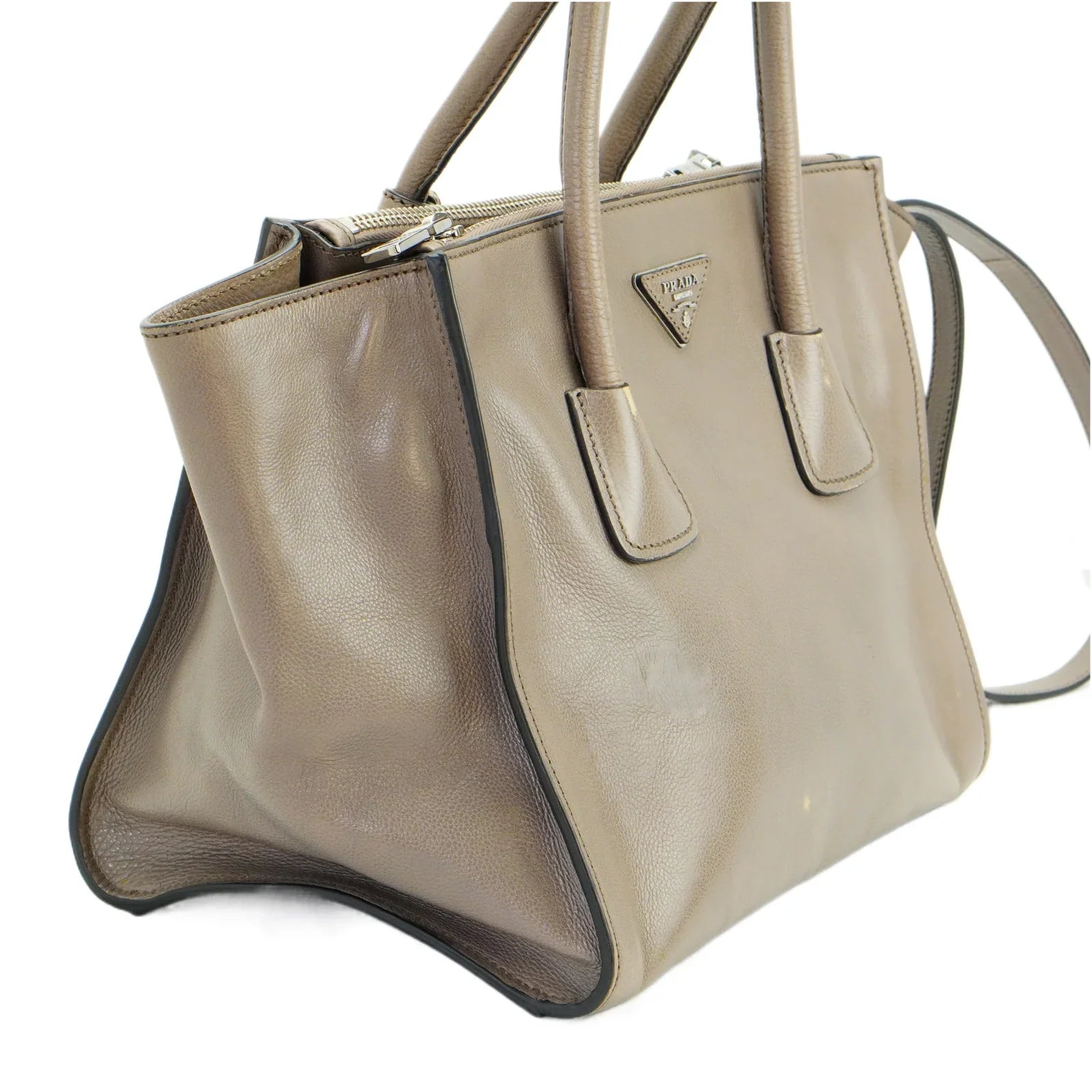 Prada Twin Pocket Tote Glace Calf Leather Bag Taupe - Lost Designer