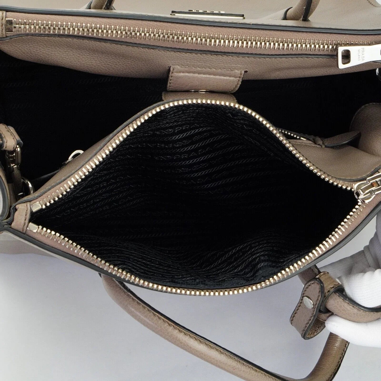 Prada Twin Pocket Tote Glace Calf Leather Bag Taupe - Lost Designer