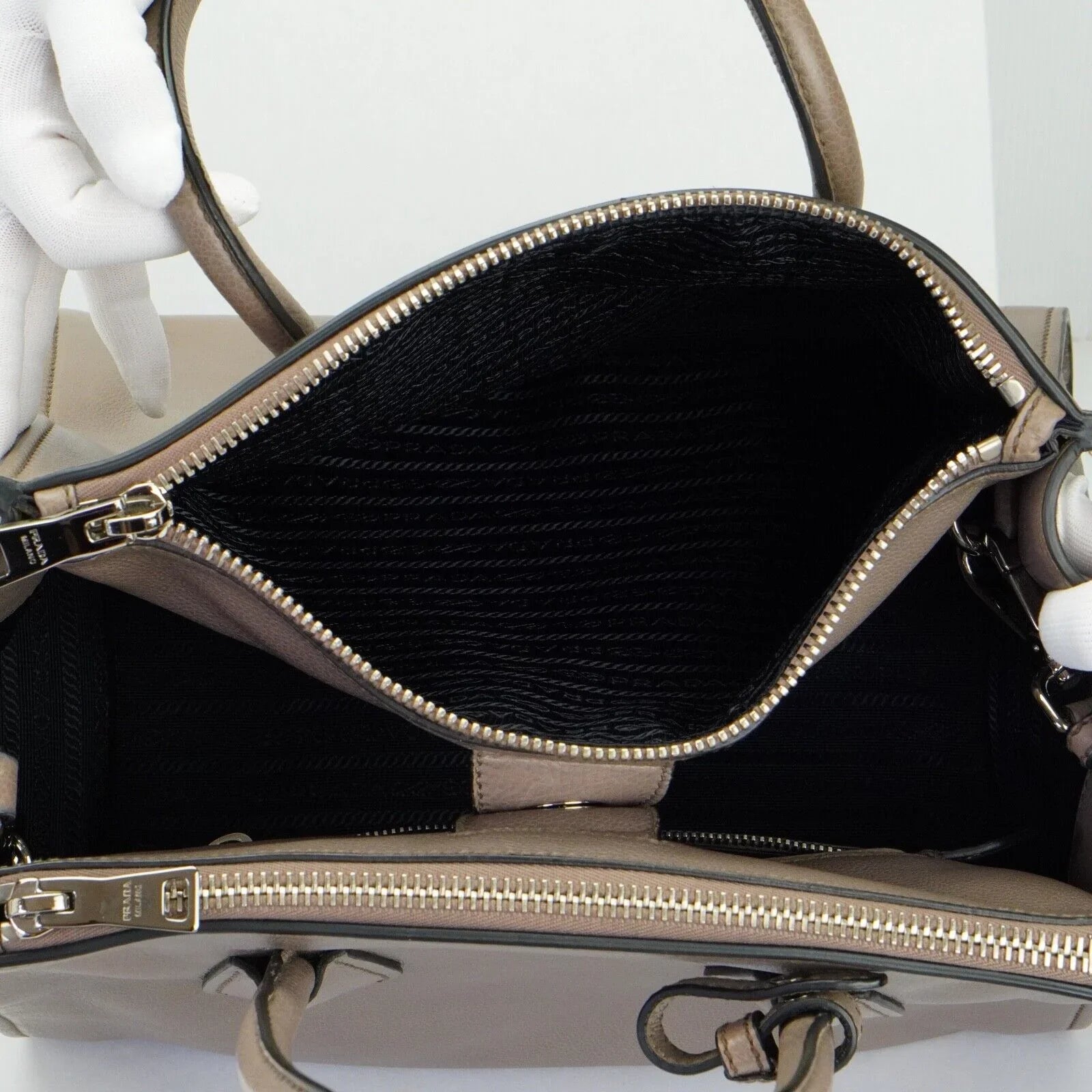 Prada Twin Pocket Tote Glace Calf Leather Bag Taupe - Lost Designer