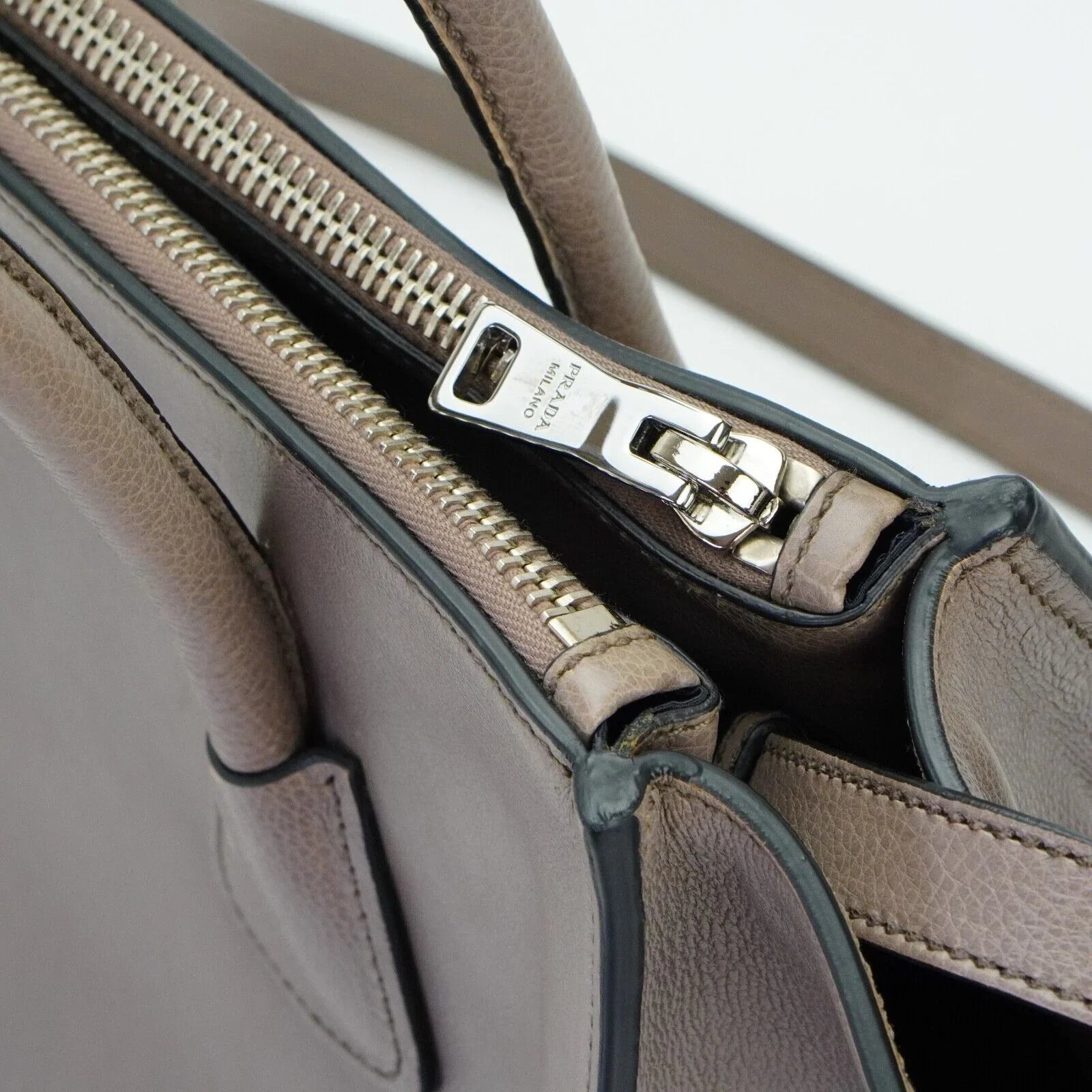 Prada Twin Pocket Tote Glace Calf Leather Bag Taupe - Lost Designer