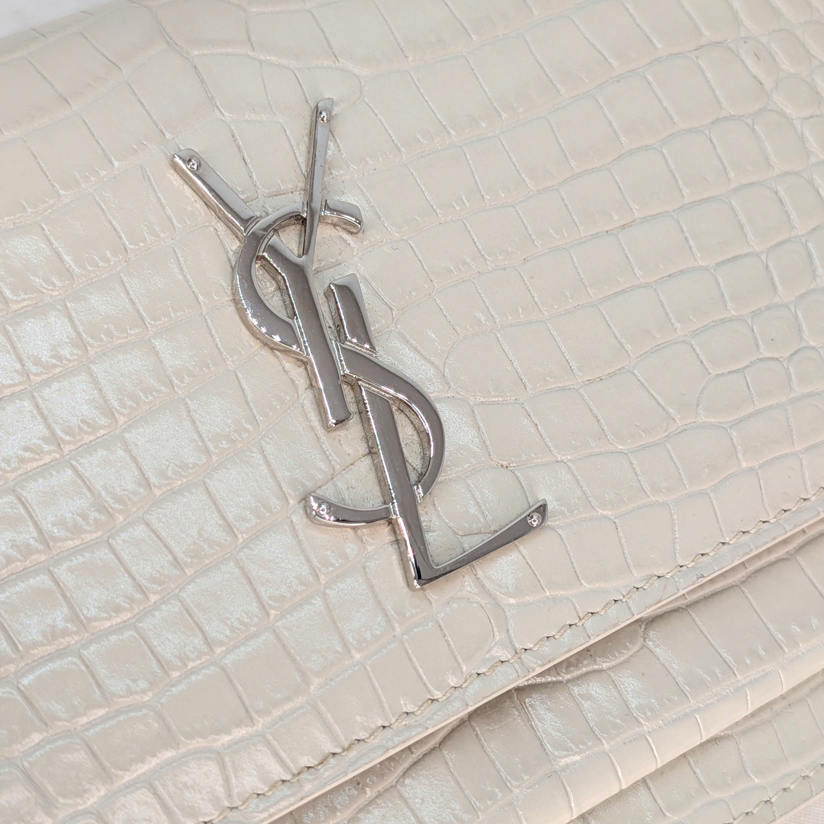 Saint Laurent Sunset Small Croc-Embossed Crossbody Biege