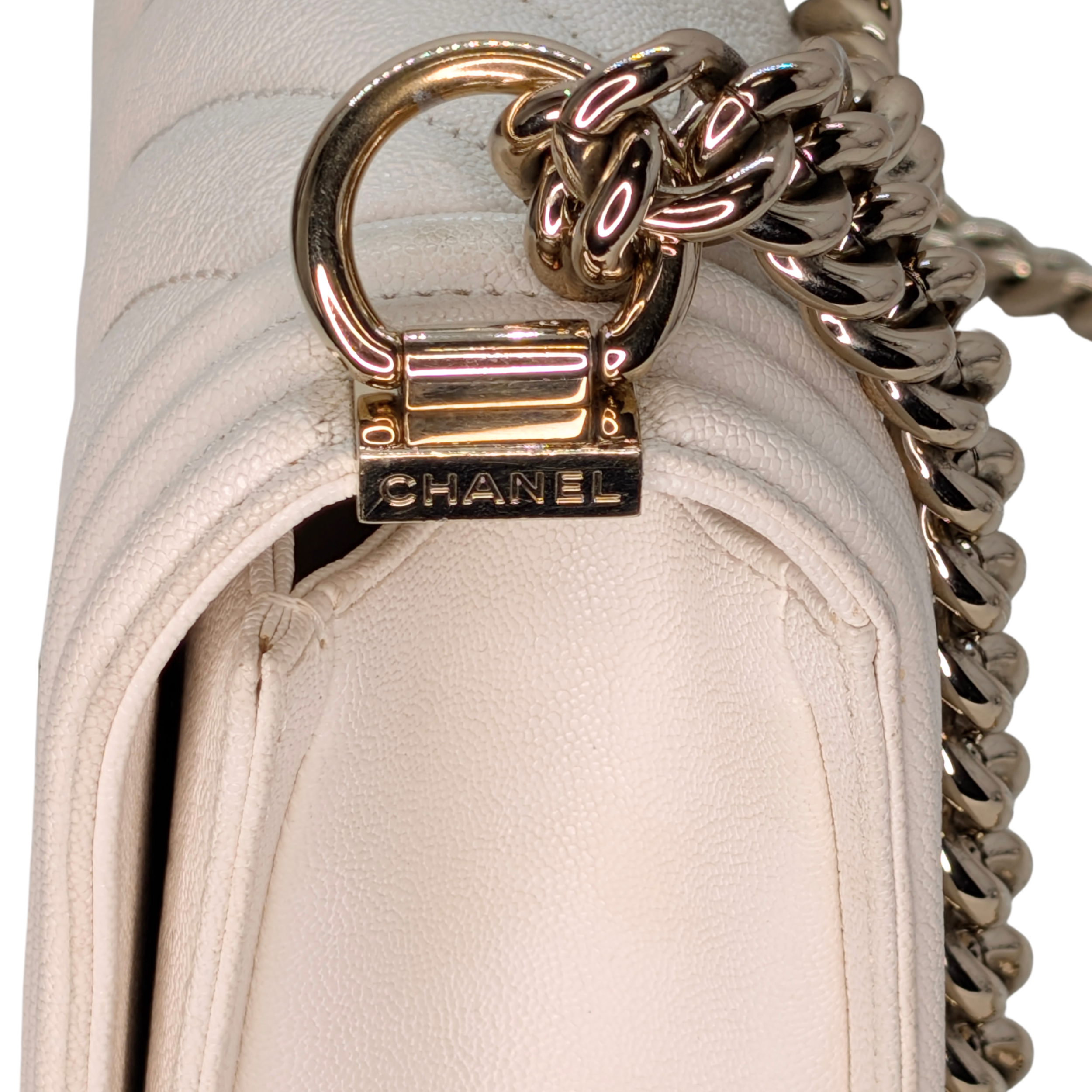 Chanel Caviar Chevron Quilted New Medium Boy Flap White