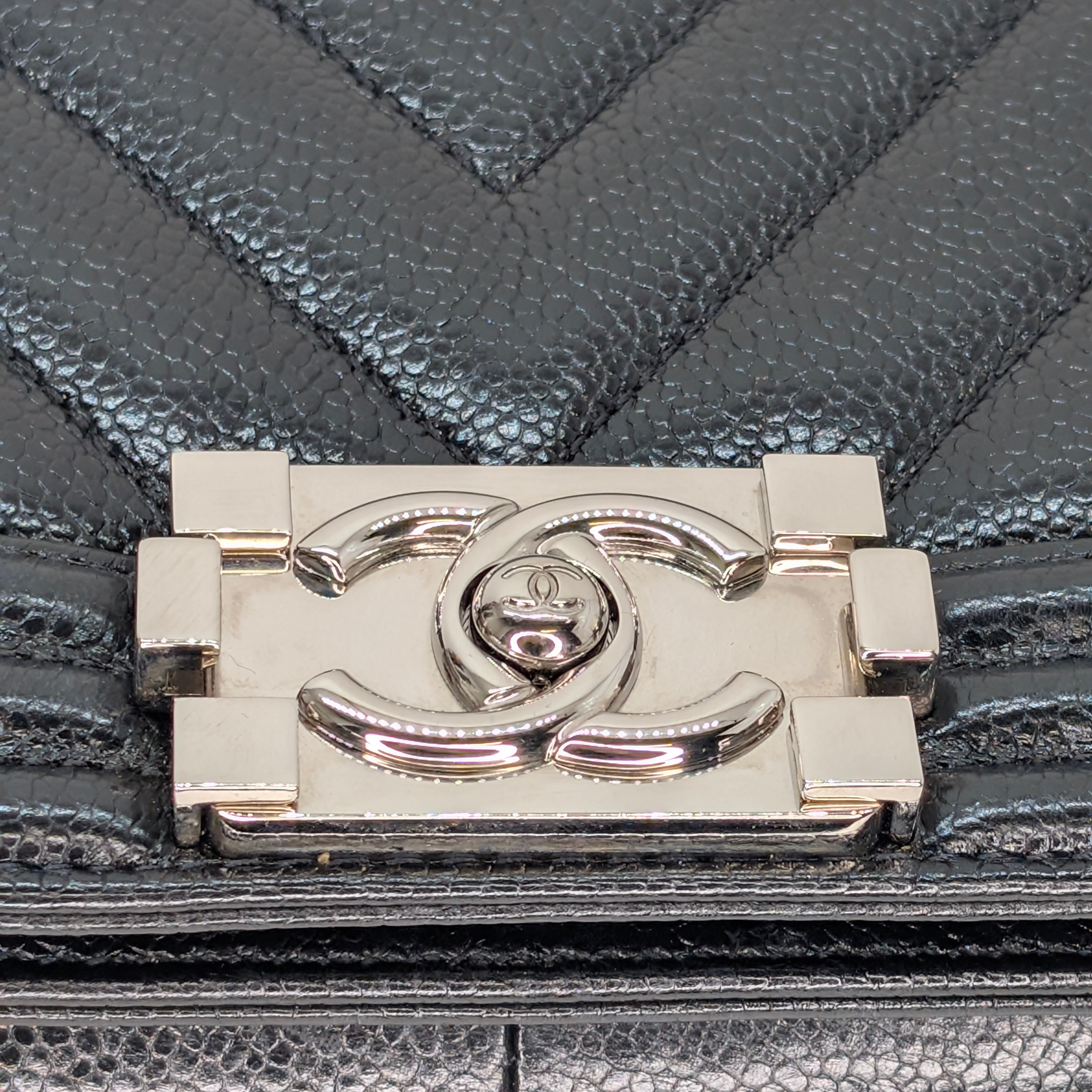 Chanel Old Medium Boy Bag Black Caviar Chevron SHW