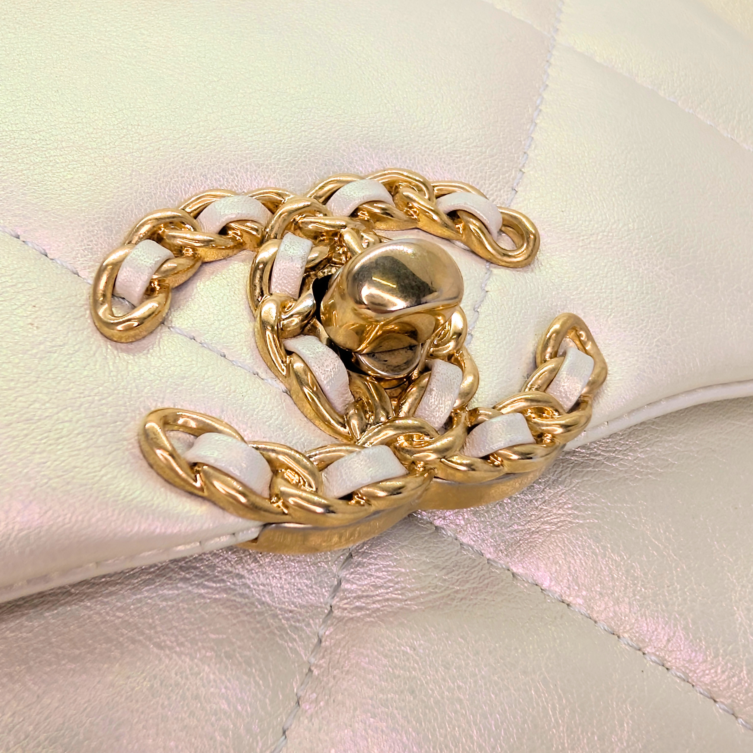 Chanel 19 Medium Calfskin Flap Iridescent White