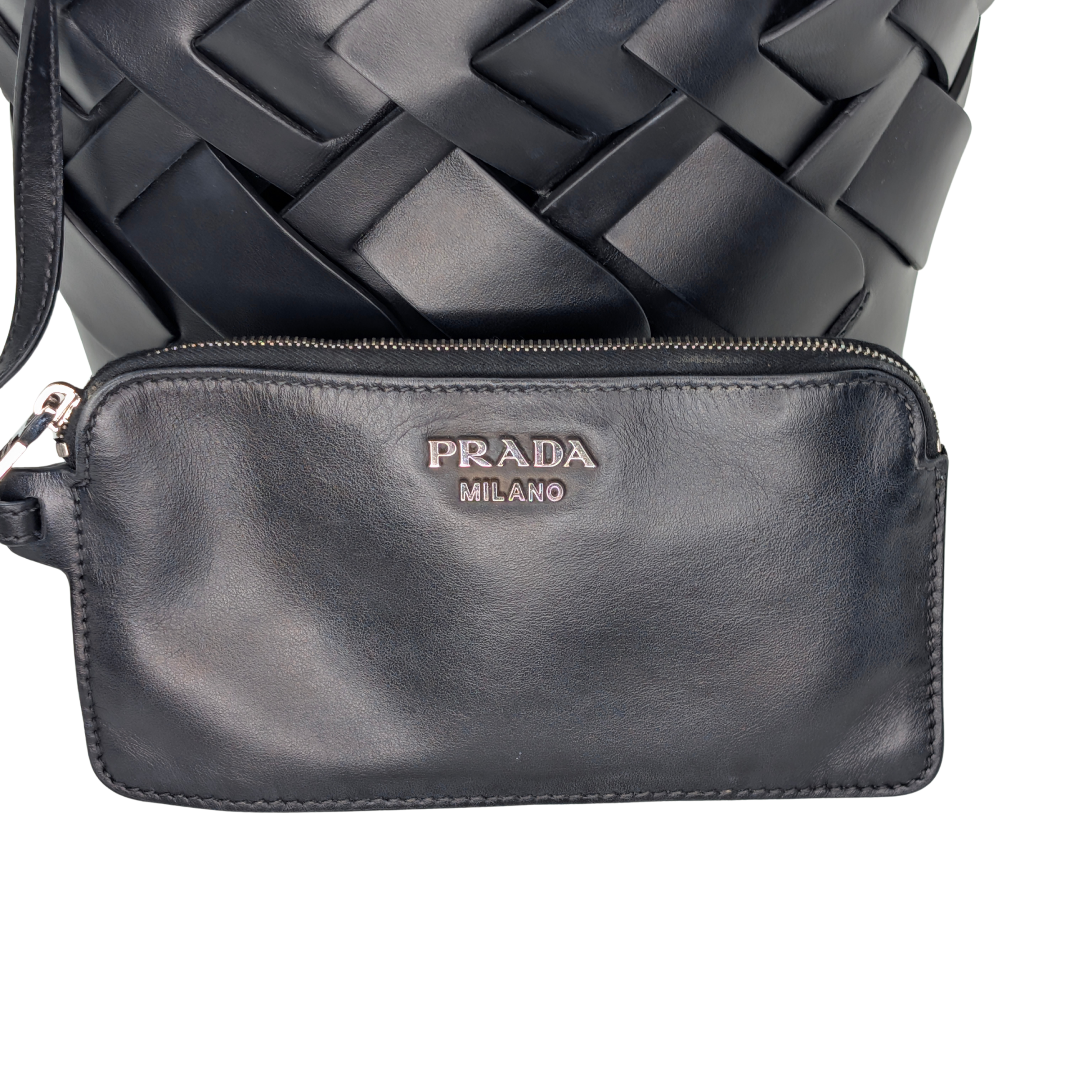 Prada Vitello Intrecciato Tress Bucket Bag Black