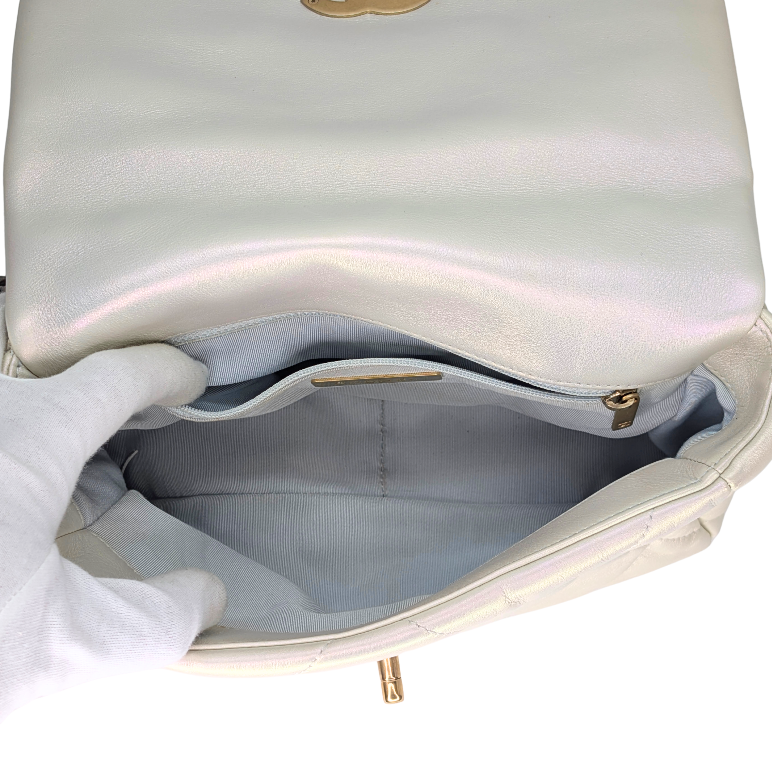 Chanel 19 Medium Calfskin Flap Iridescent White