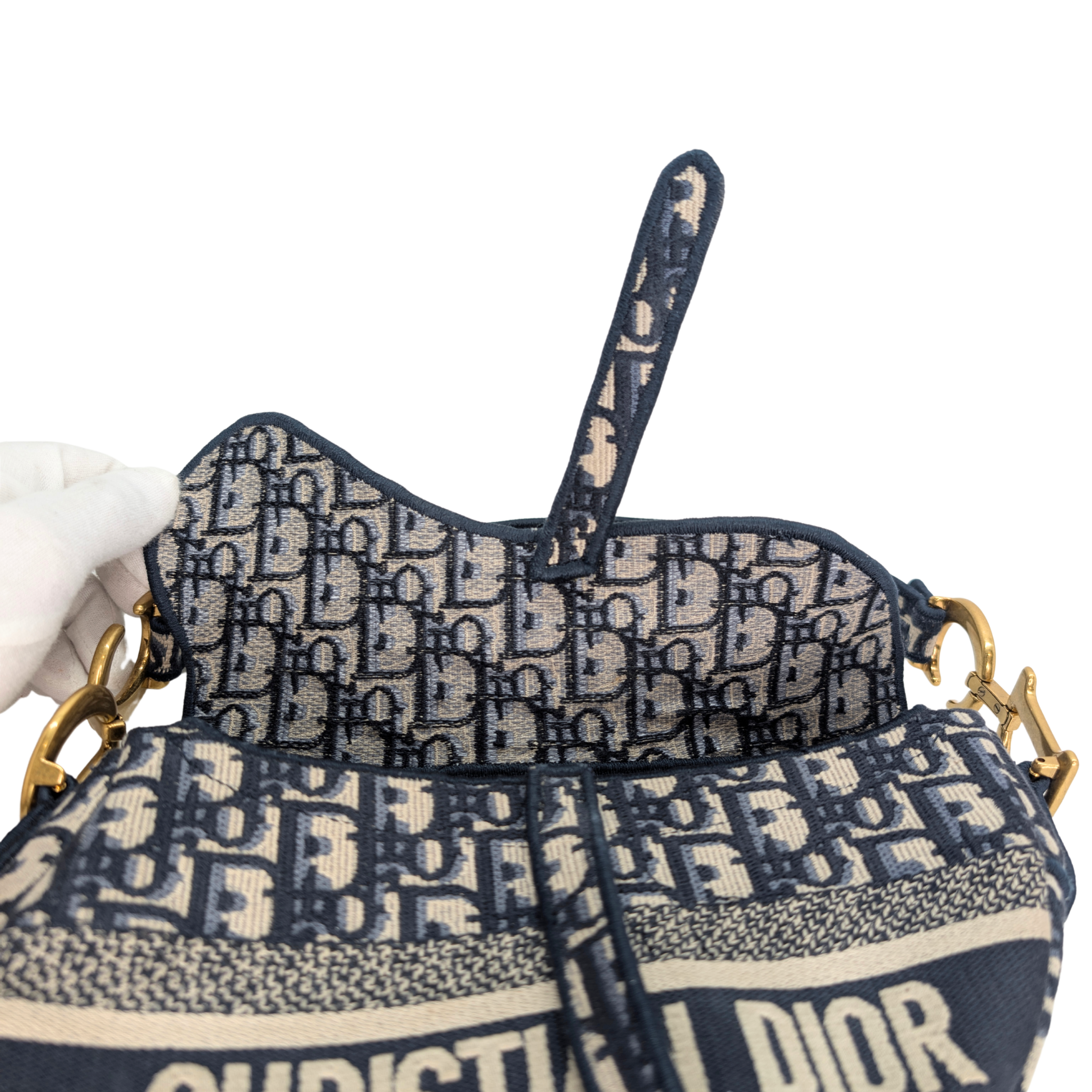 Dior Medium Saddle Bag Navy Oblique with Strap