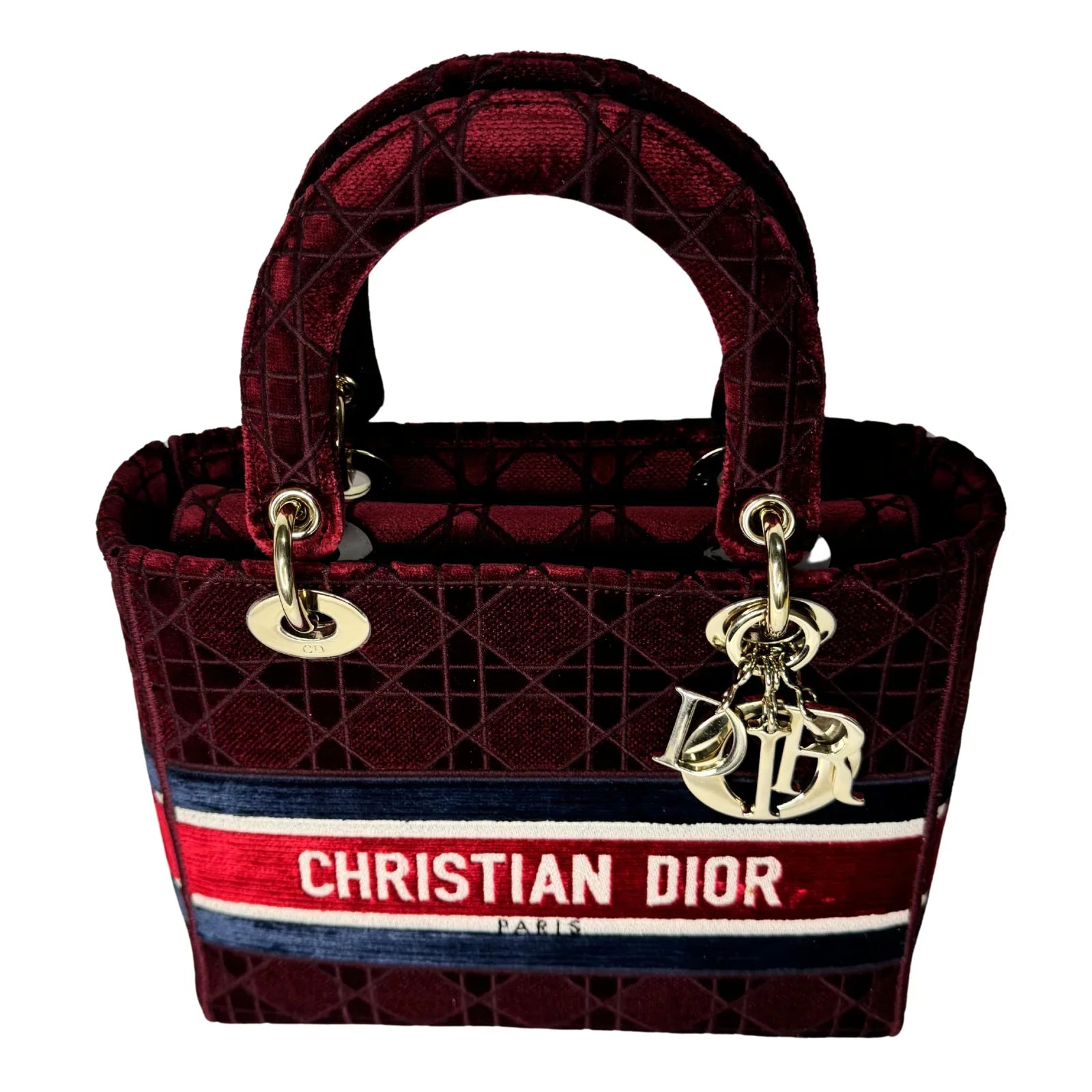 Christian Dior Velvet Cannage Medium Lady D-Lite Bag Burguandy - Lost Designer
