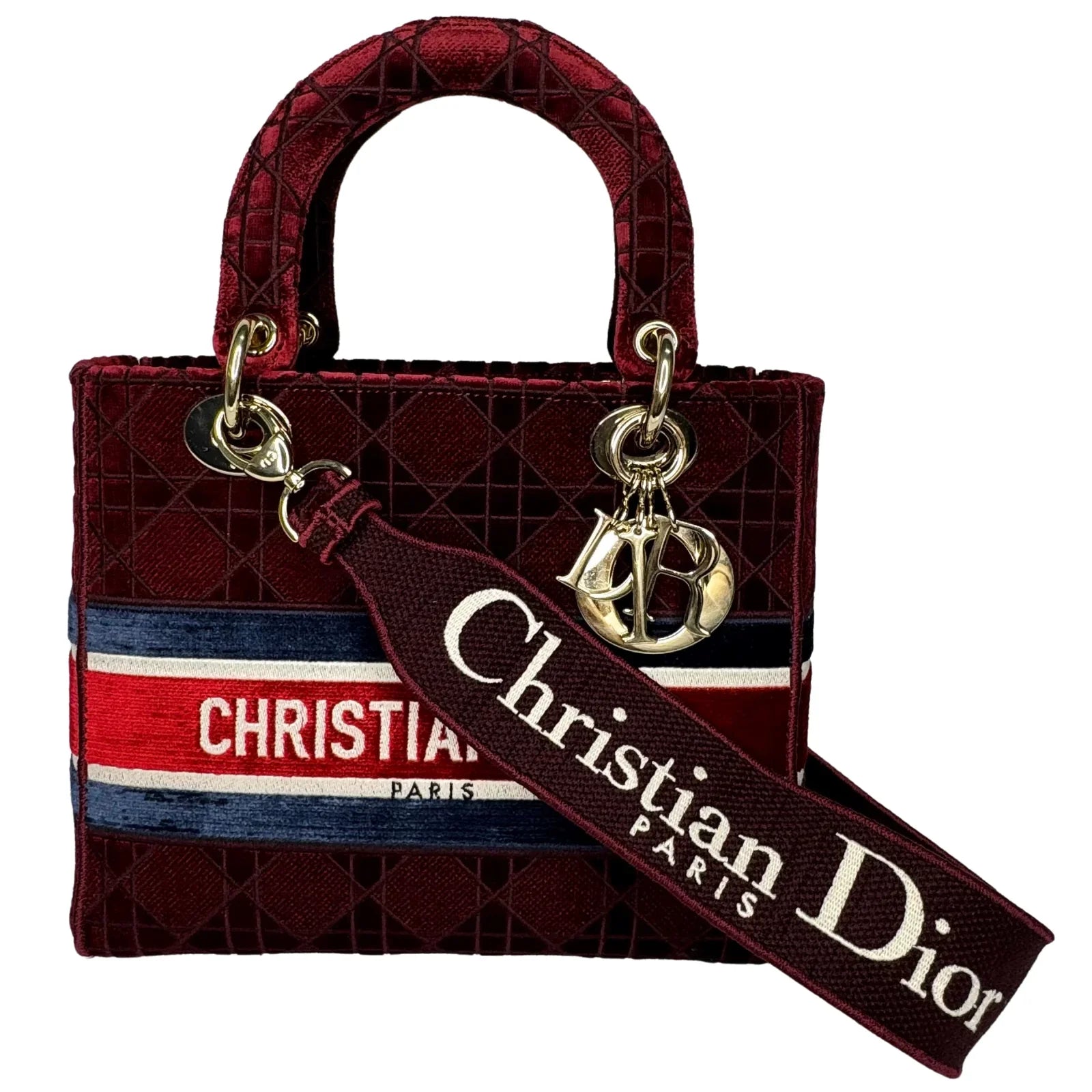 Christian Dior Velvet Cannage Medium Lady D-Lite Bag Burguandy - Lost Designer