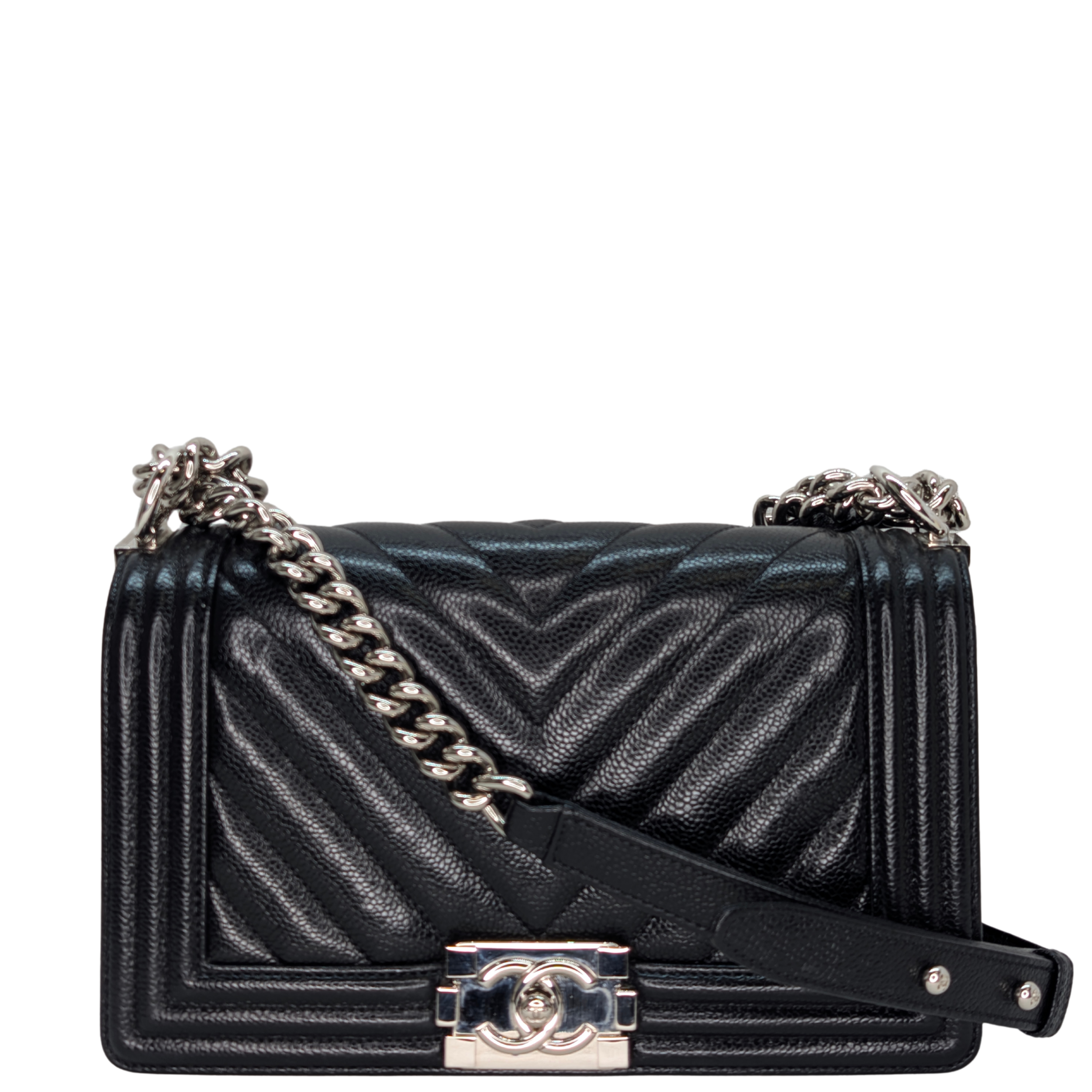 Chanel Old Medium Boy Bag Black Caviar Chevron SHW