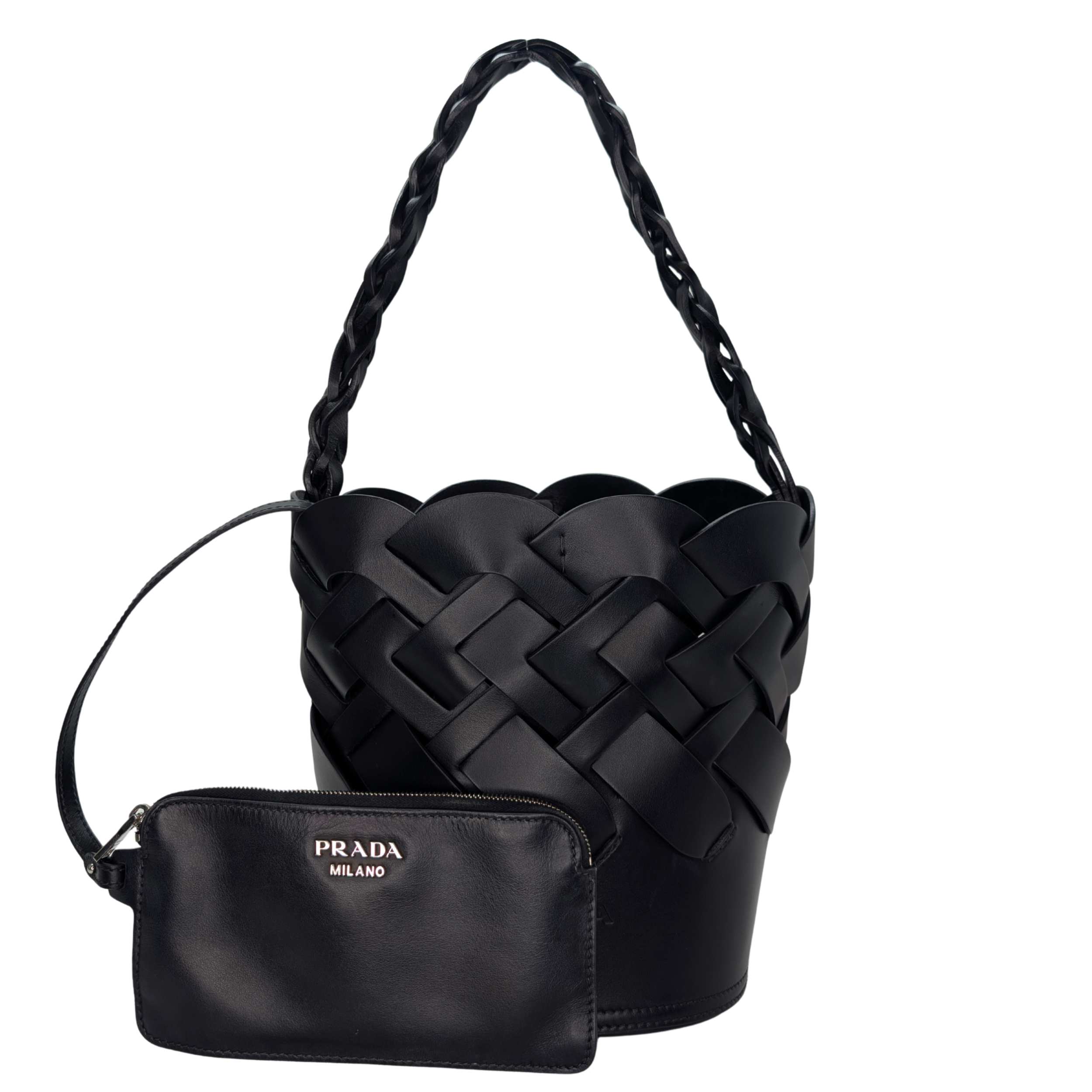 Prada Vitello Intrecciato Tress Bucket Bag Black