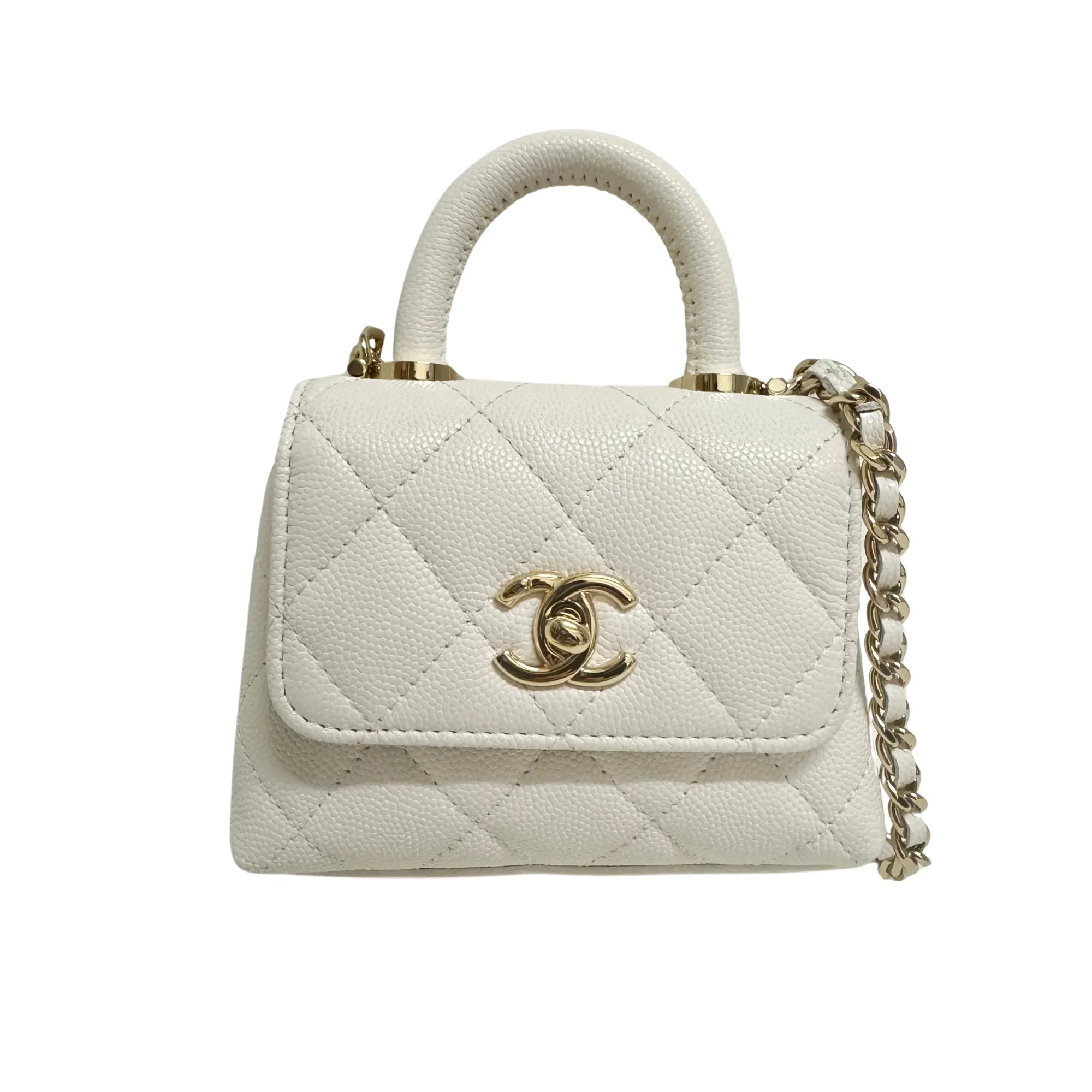 Chanel Micro Coco Handle Bag in White Caviar Leather - Lost Designer
