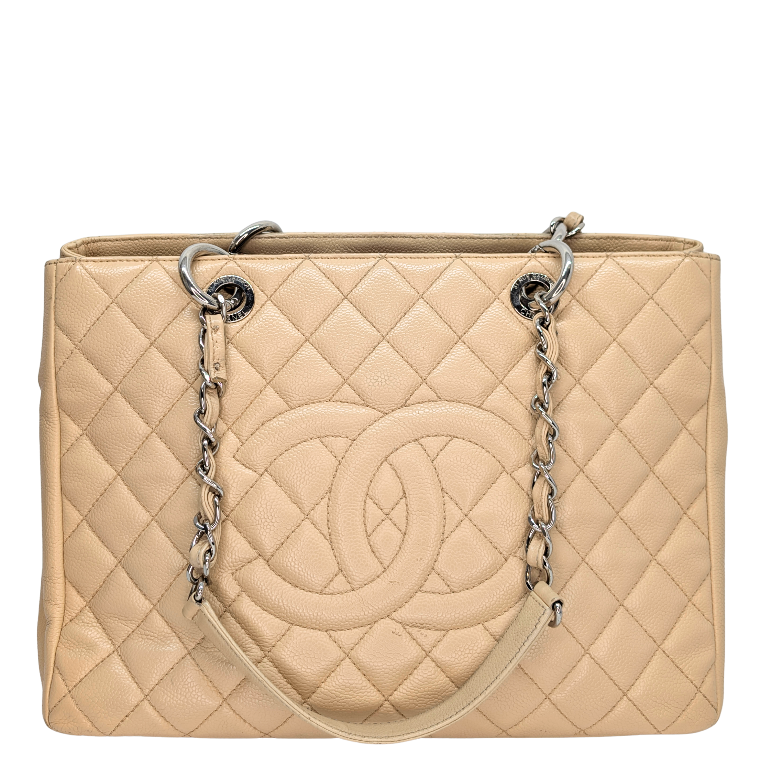 Chanel Quilted Caviar Grand Shopping Tote Beige