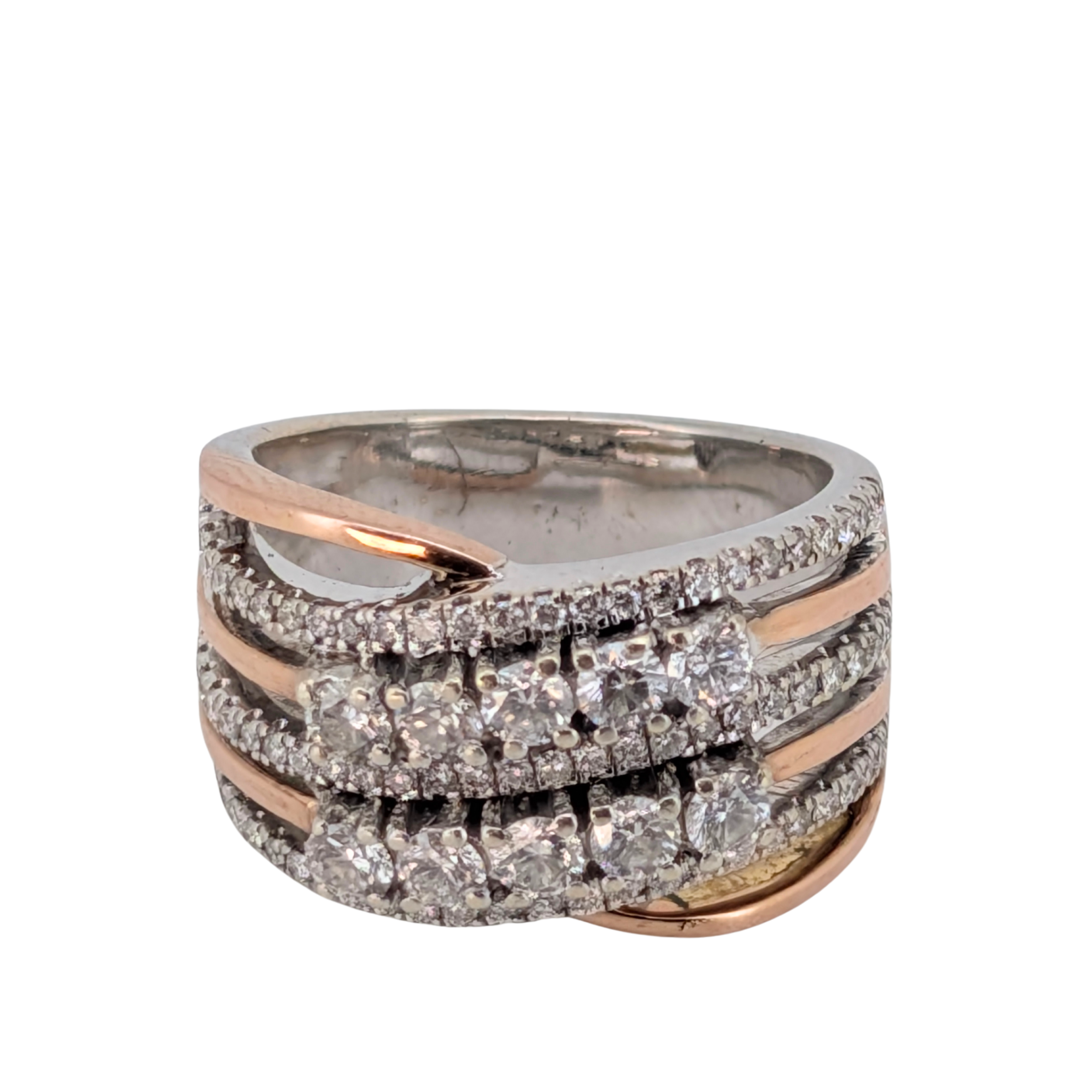 1.00Ct Natural Diamond Multi-Row Ring In 10K White And Rose Gold