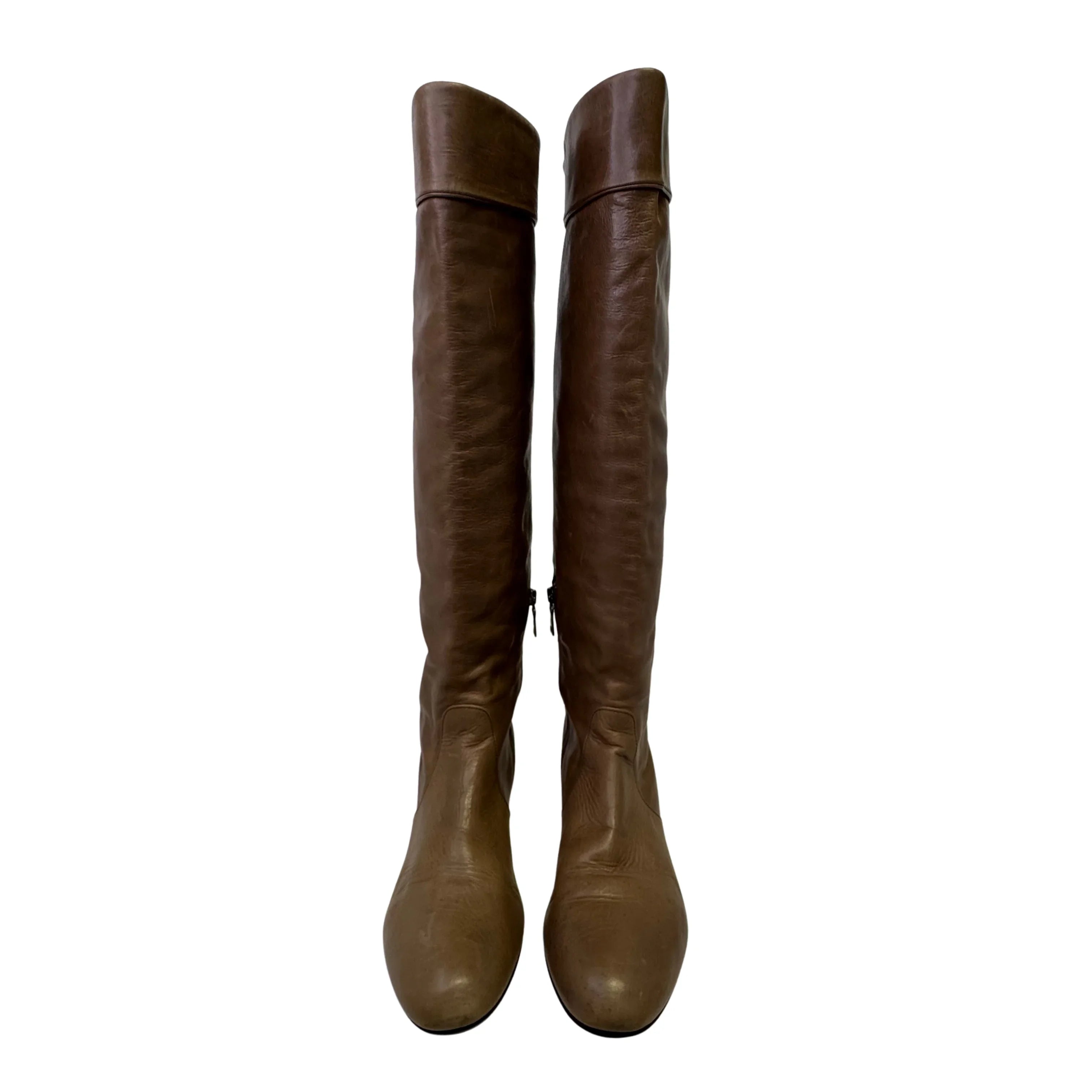 Prada Brown Leather Knee High Flat Boots Size 39 - Lost Designer