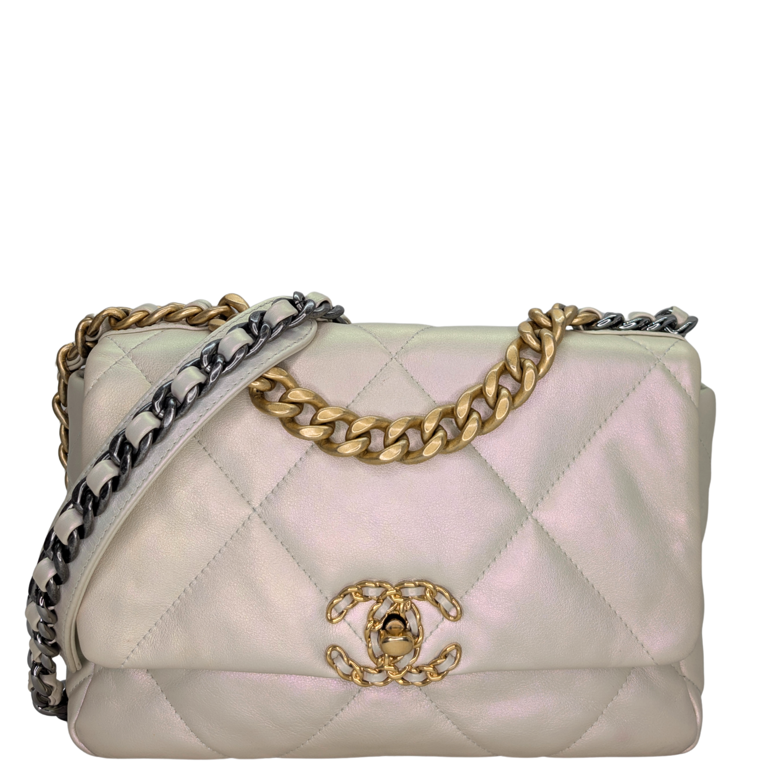 Chanel 19 Medium Calfskin Flap Iridescent White