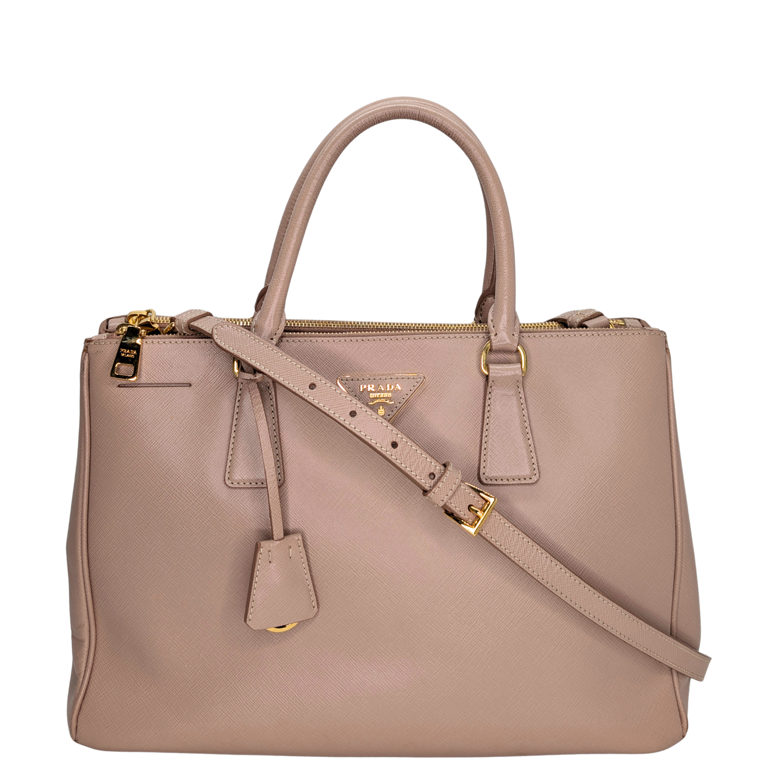 Prada Saffiano Medium Galleria Lux Double Zip Tote Cammeo