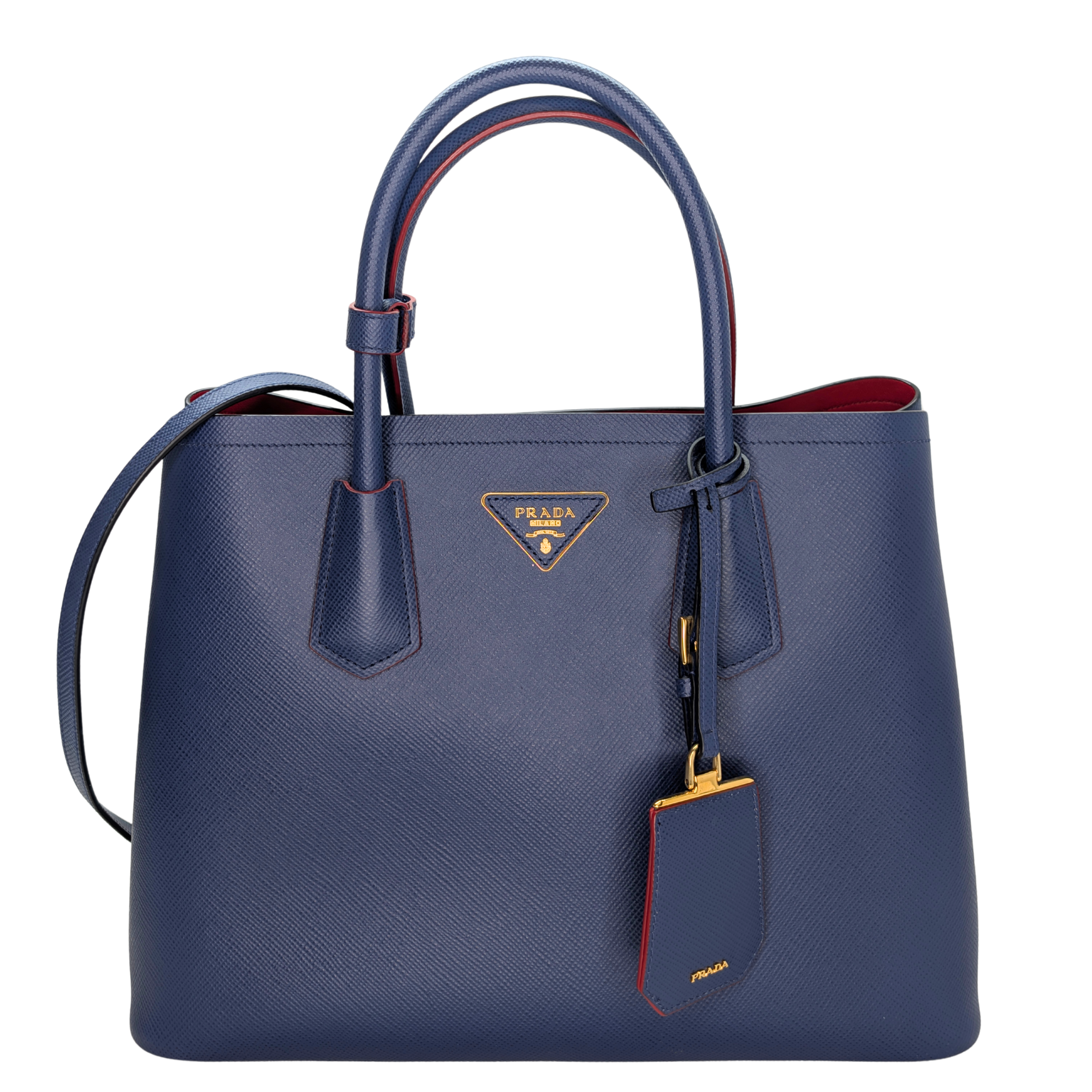Prada Saffiano Cuir Double Bag Medium Navy