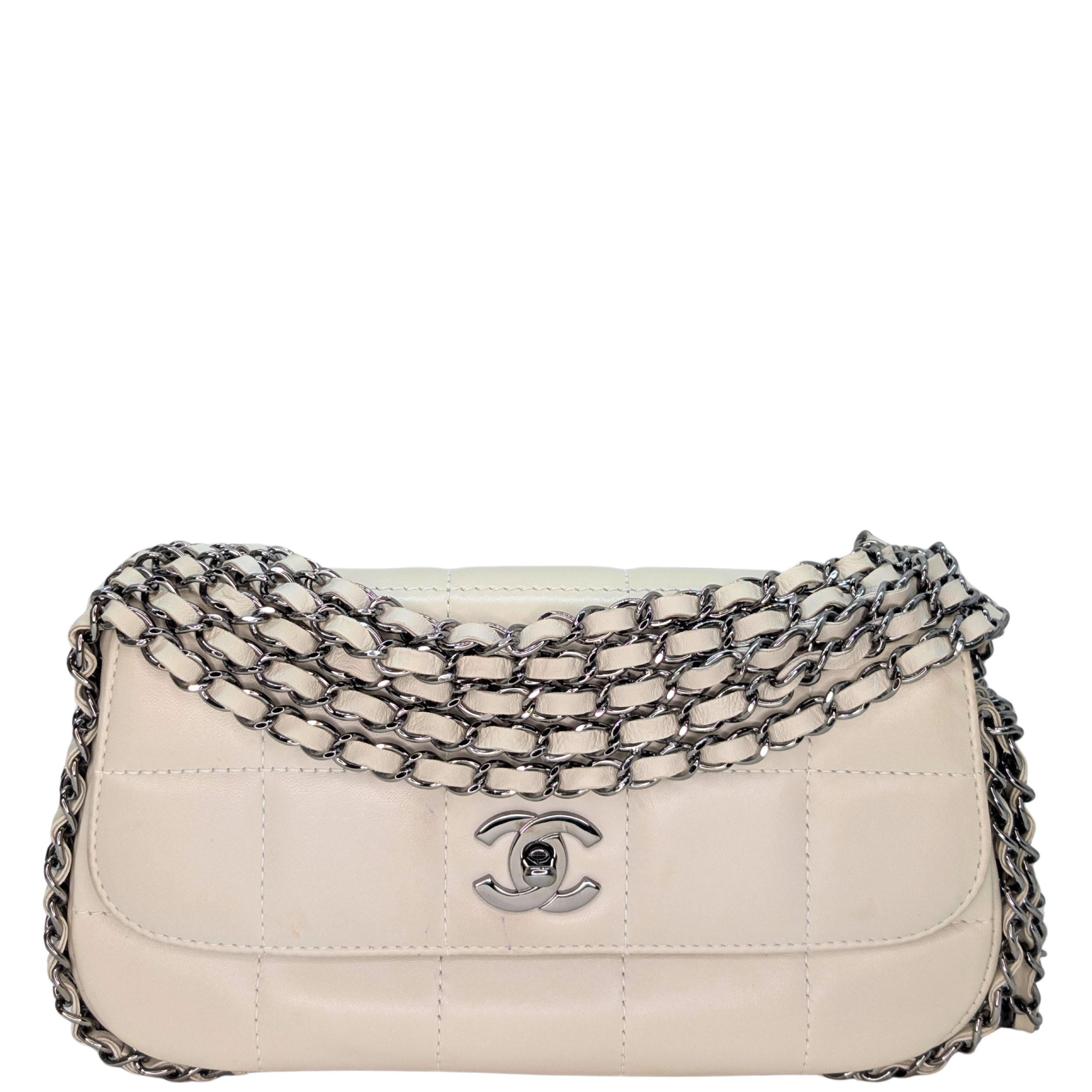 Chanel Chocolate Bar Multichain Square Quilt Flap Bag Off White
