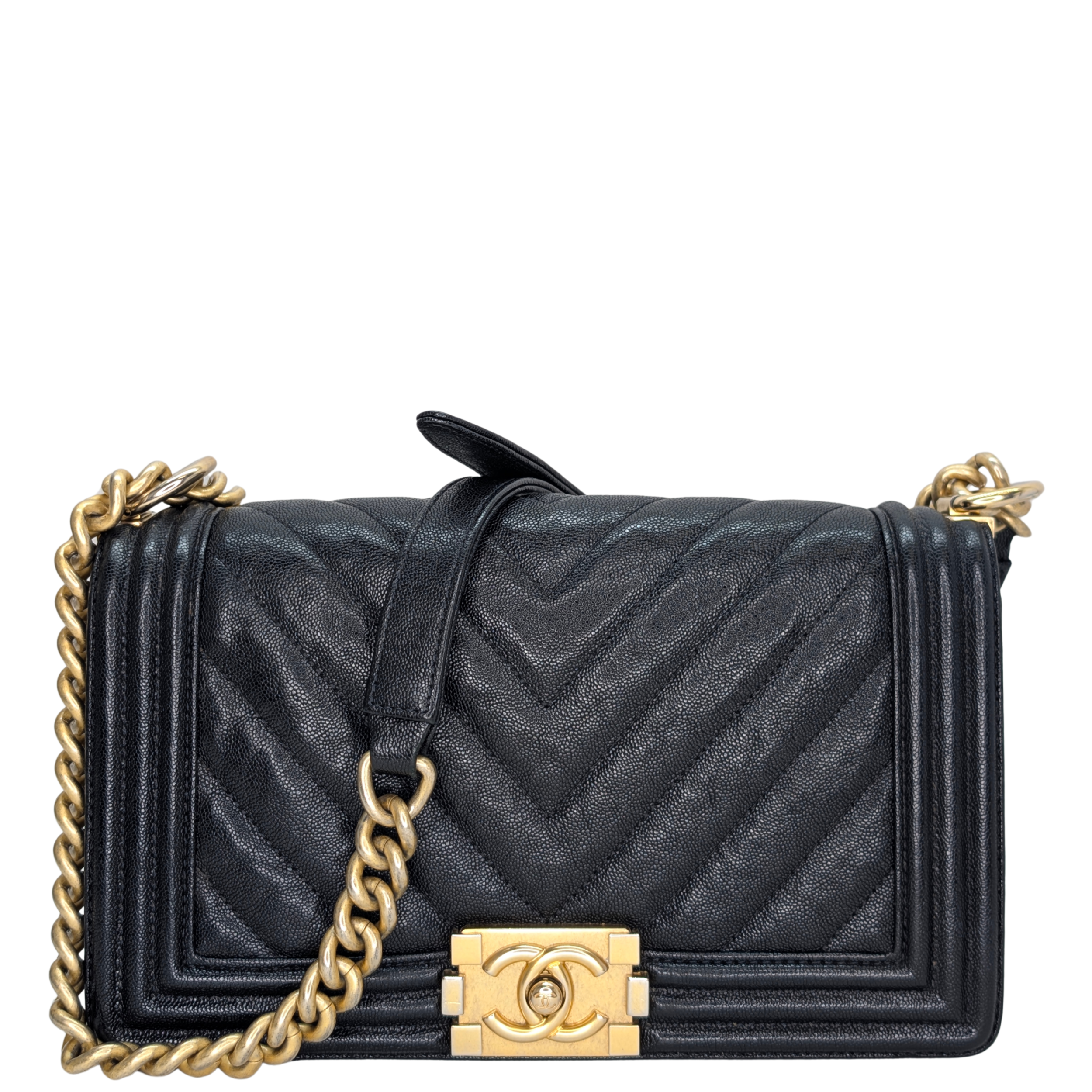 Chanel Old Medium Boy Bag Chevron Caviar Black GHW