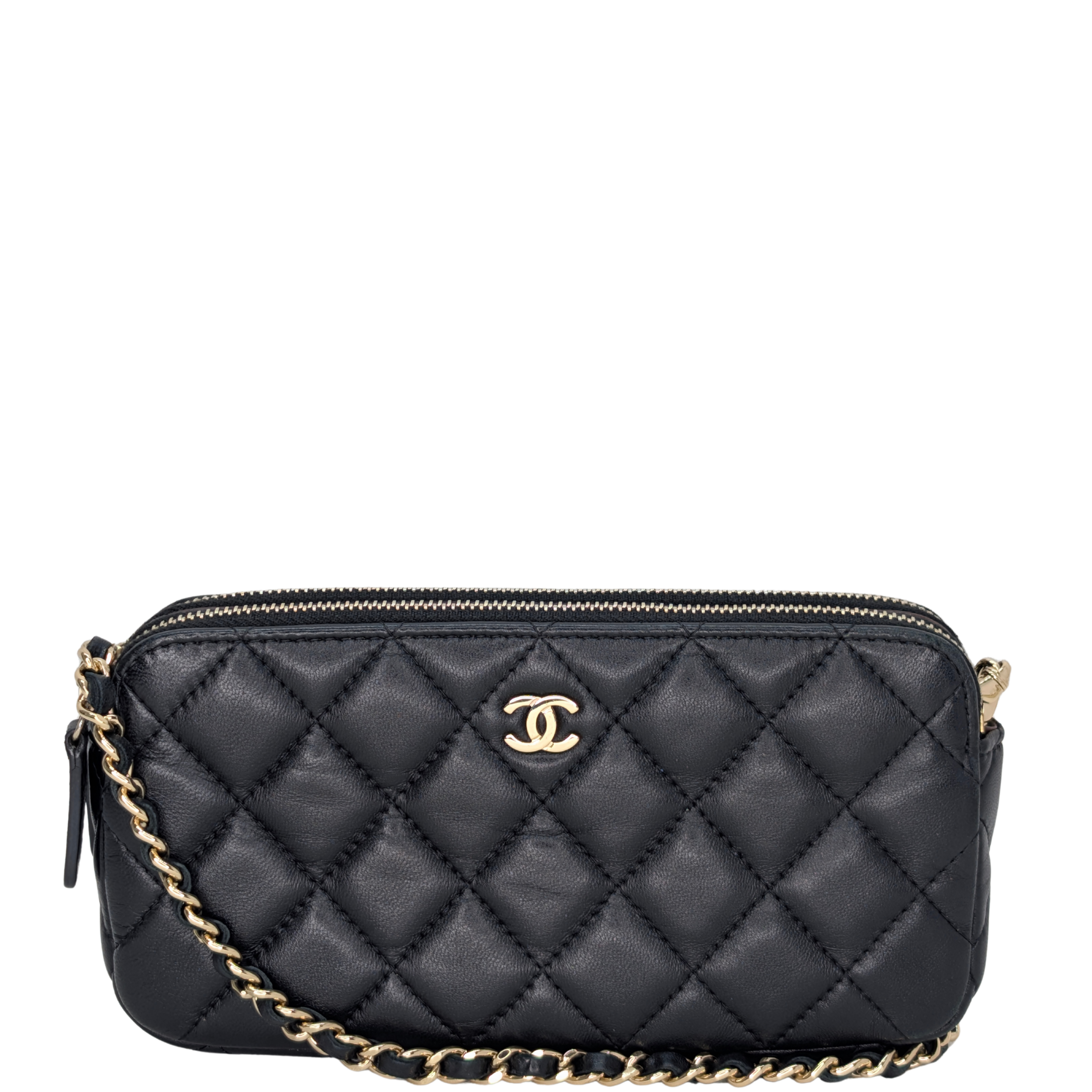 Chanel CC Double Zip Wallet on Chain Lambskin Black