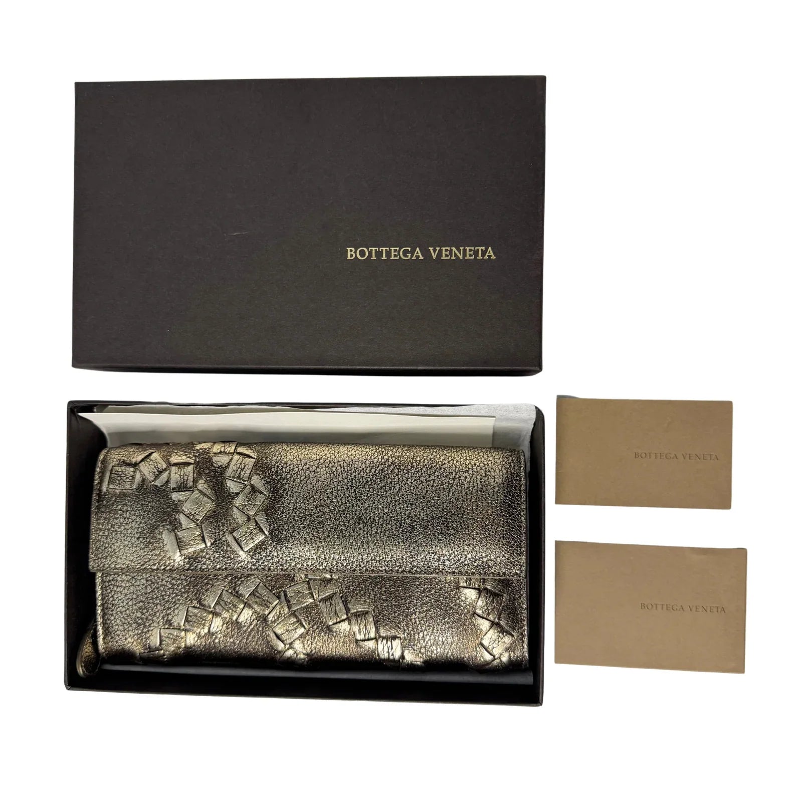 Bottega Veneta Metallic Pewter Woven and Pebbled Leather Long Wallet - Lost Designer