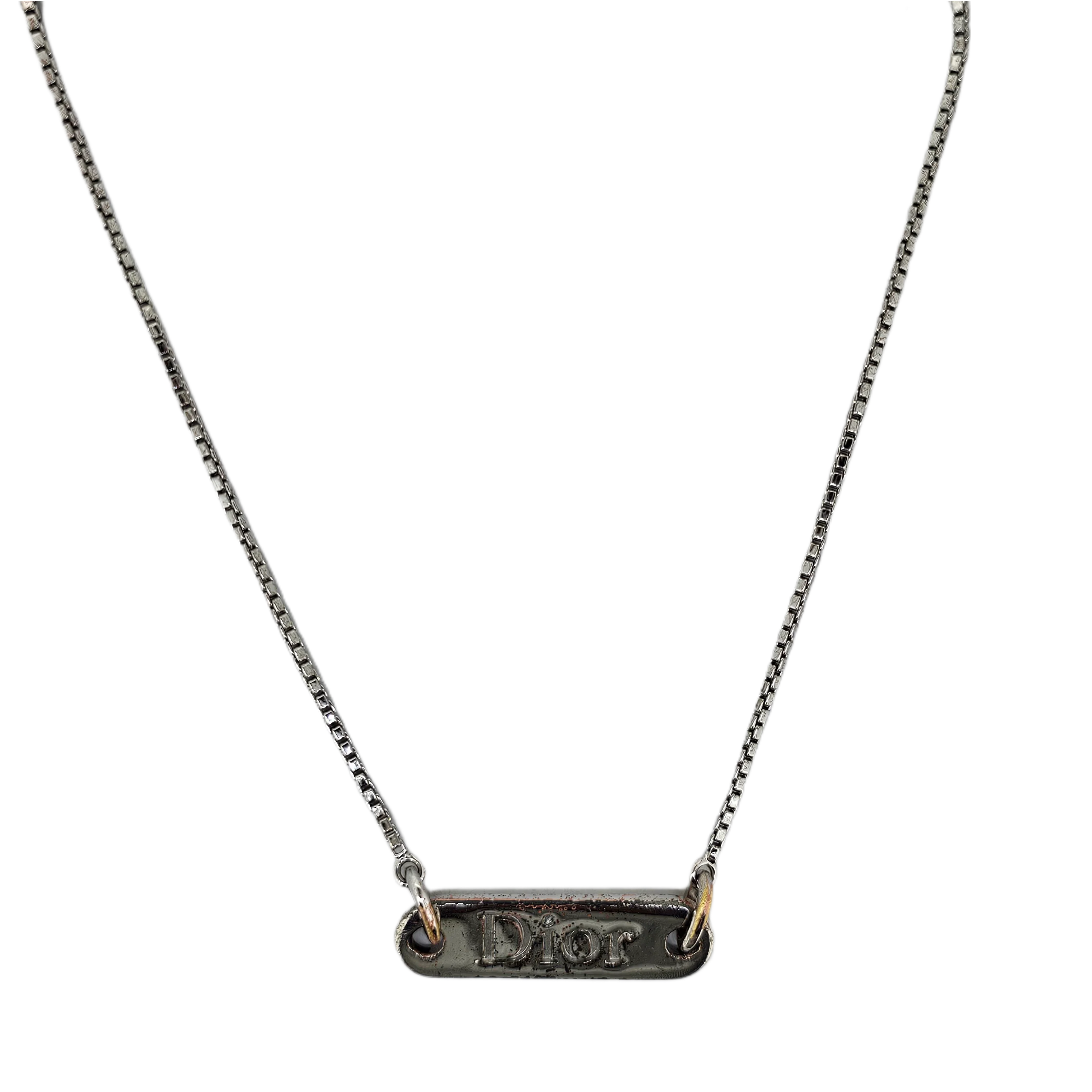 Dior Silver Brass And Enamel Logo Plate Pendant Necklace - Lost Designer