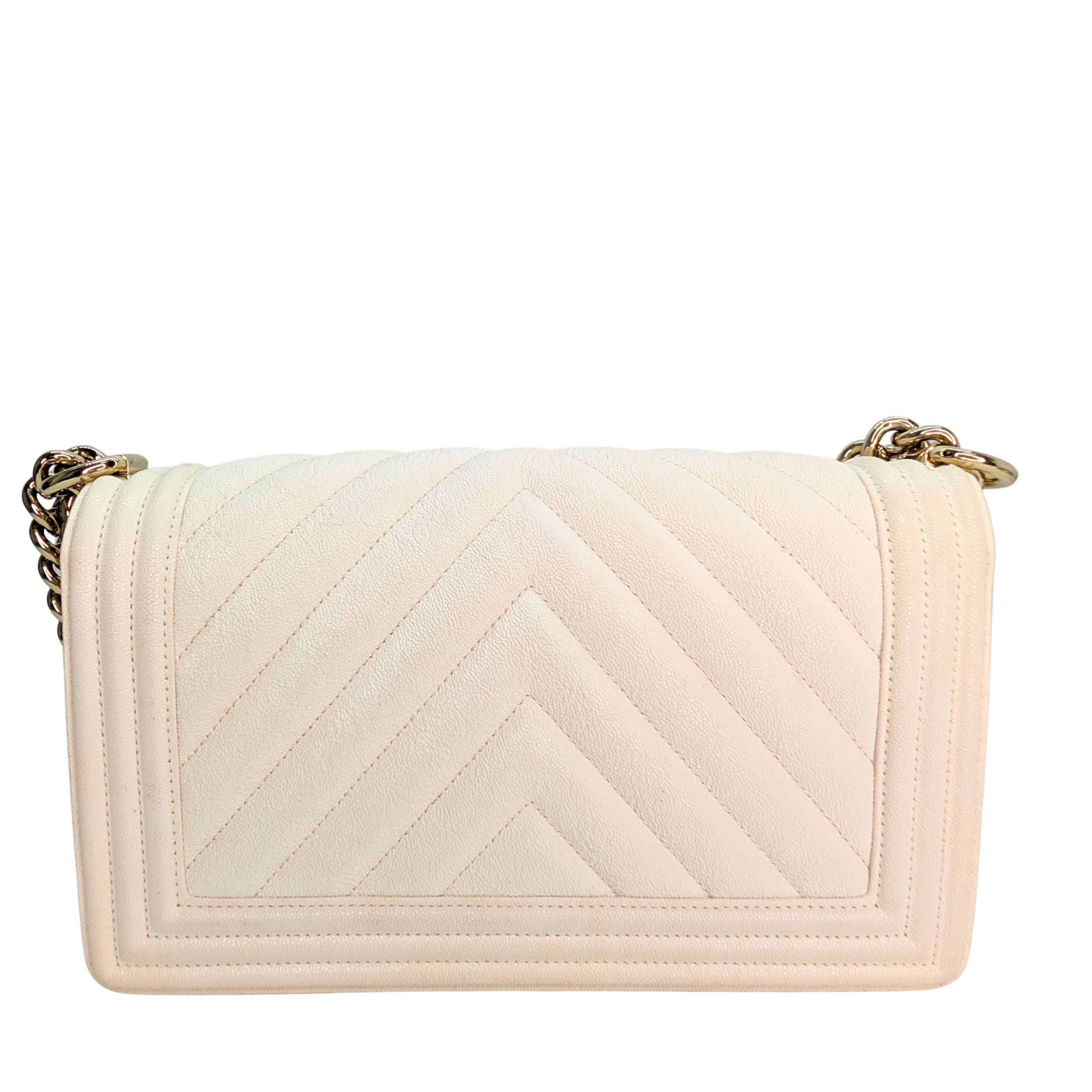 Chanel Caviar Chevron Quilted New Medium Boy Flap White