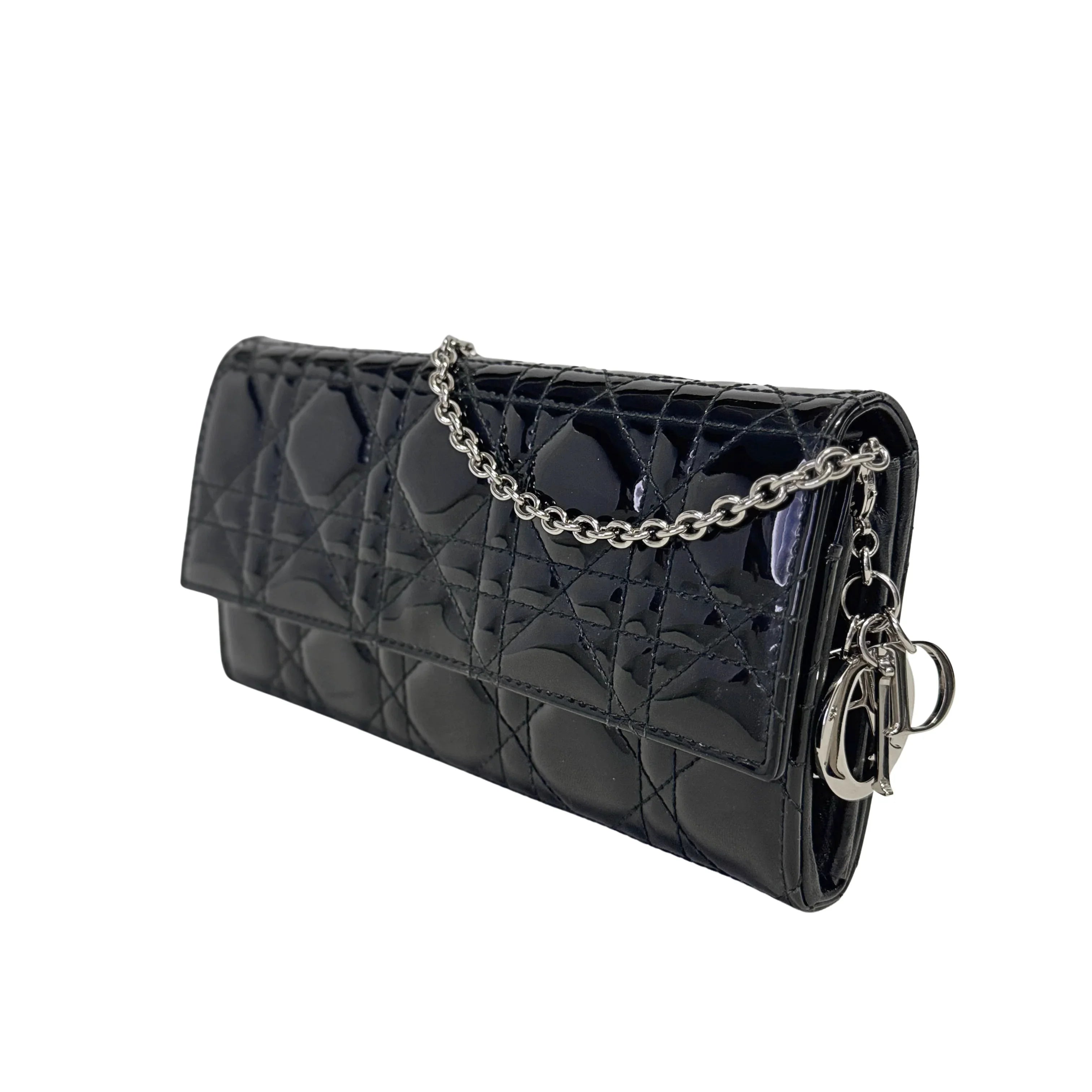 Dior Patent Leather Long Wallet With Chain Black - Lost Designer