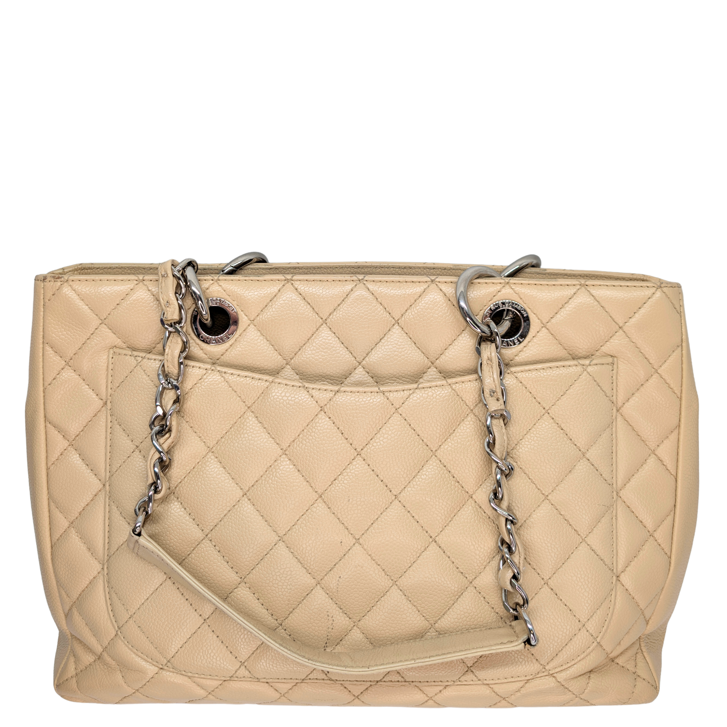 Chanel Quilted Caviar Grand Shopping Tote Beige