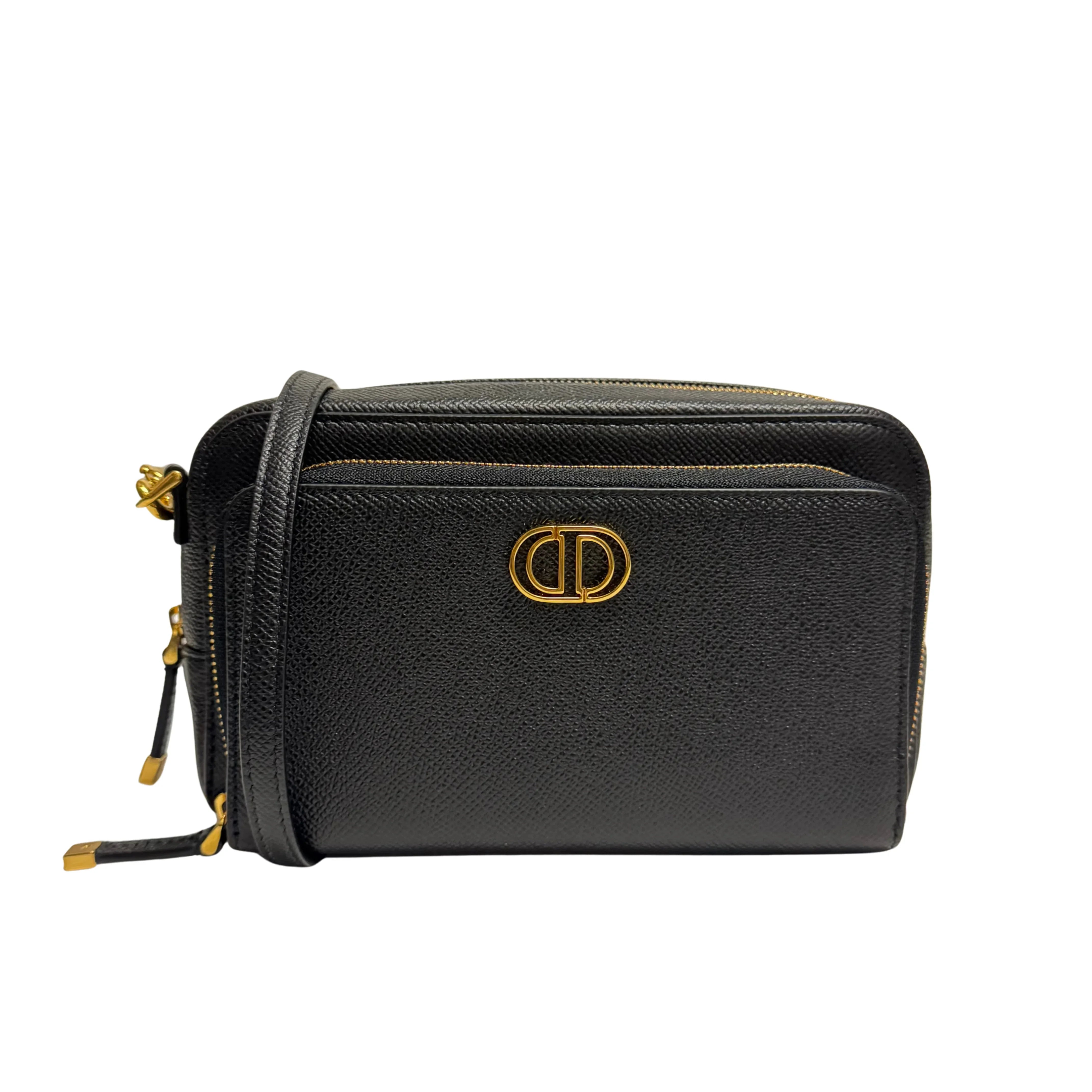 Christian Dior Caro Grained Leather Double Pouch Crossbody Bag Black - Lost Designer