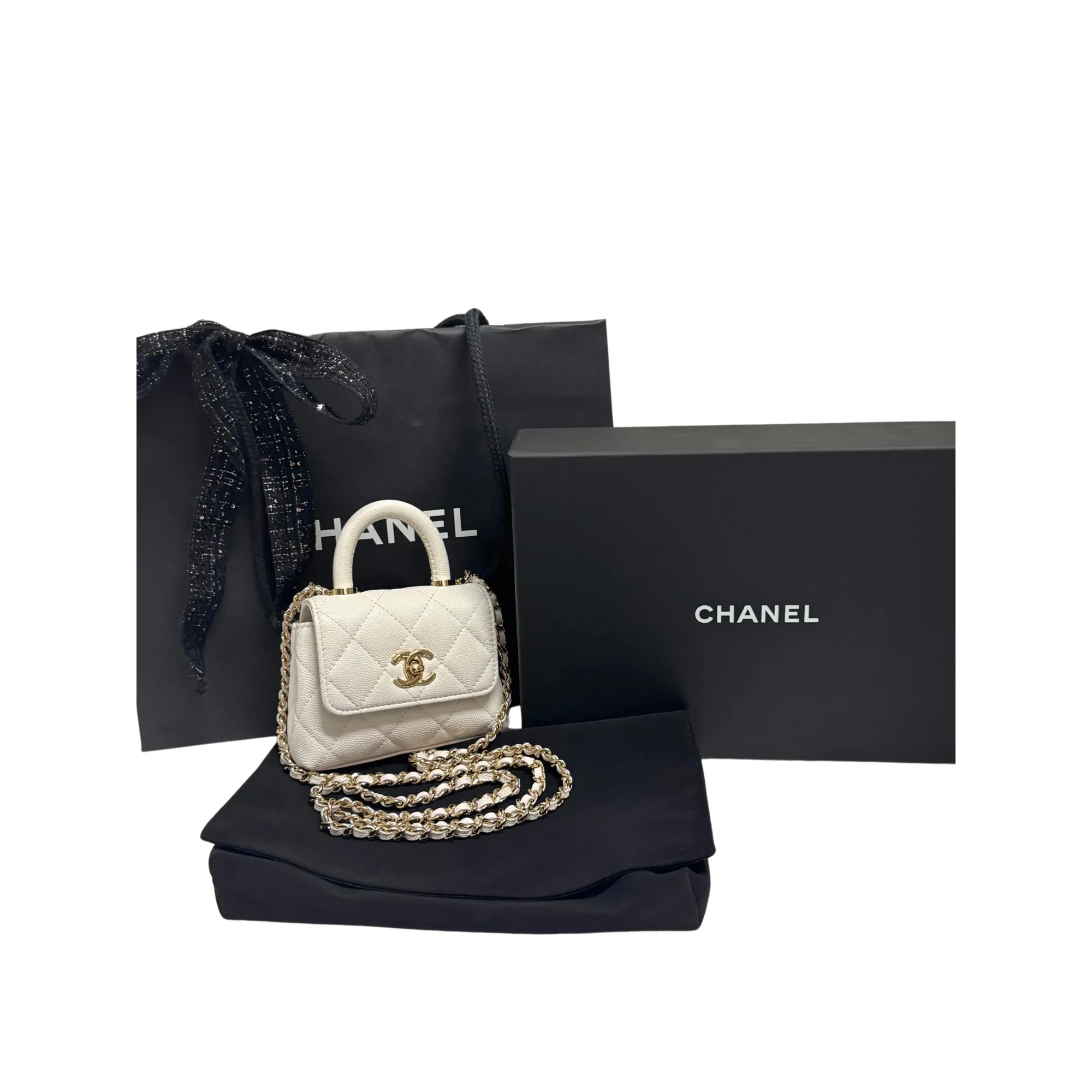 Chanel Micro Coco Handle Bag in White Caviar Leather - Lost Designer