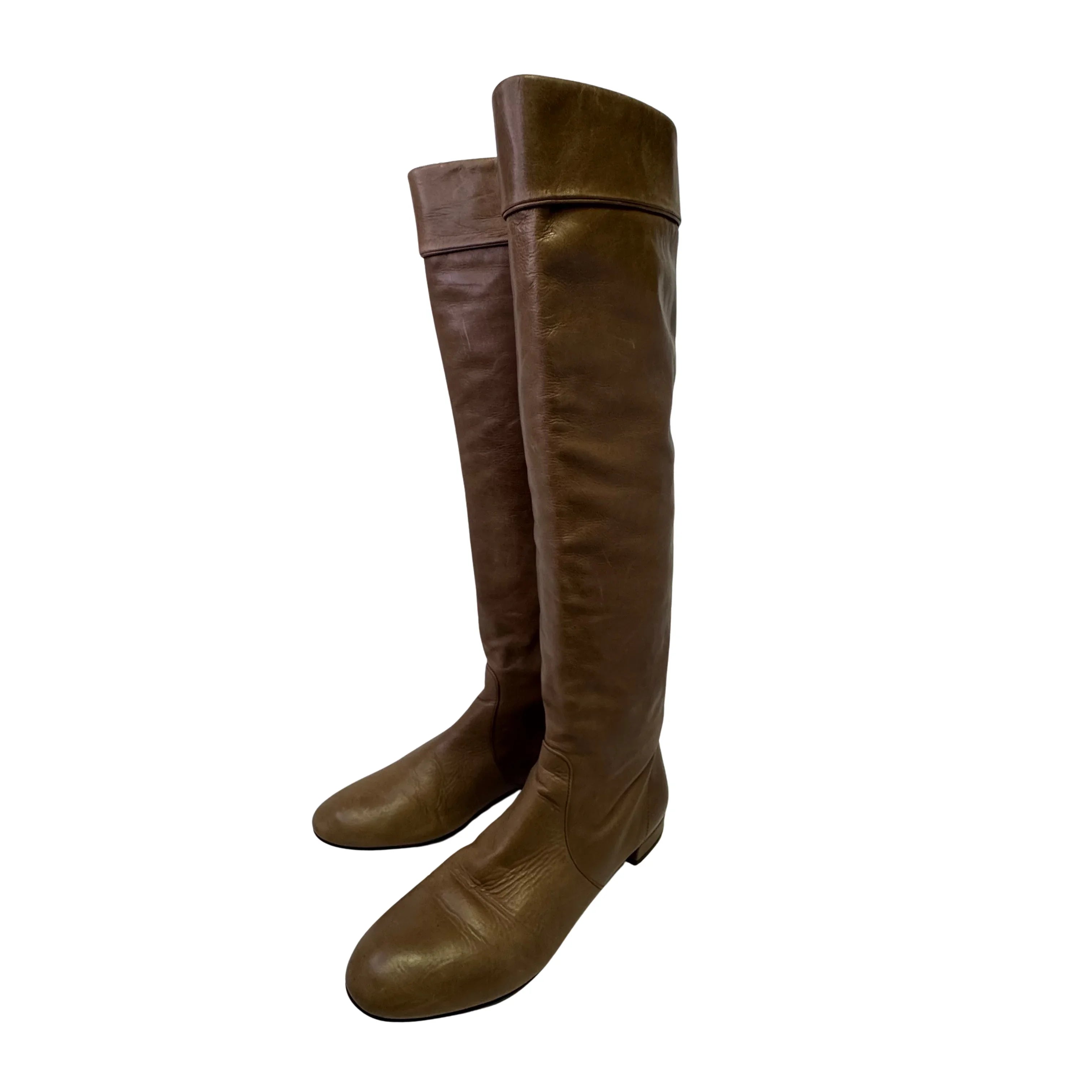 Prada Brown Leather Knee High Flat Boots Size 39 - Lost Designer