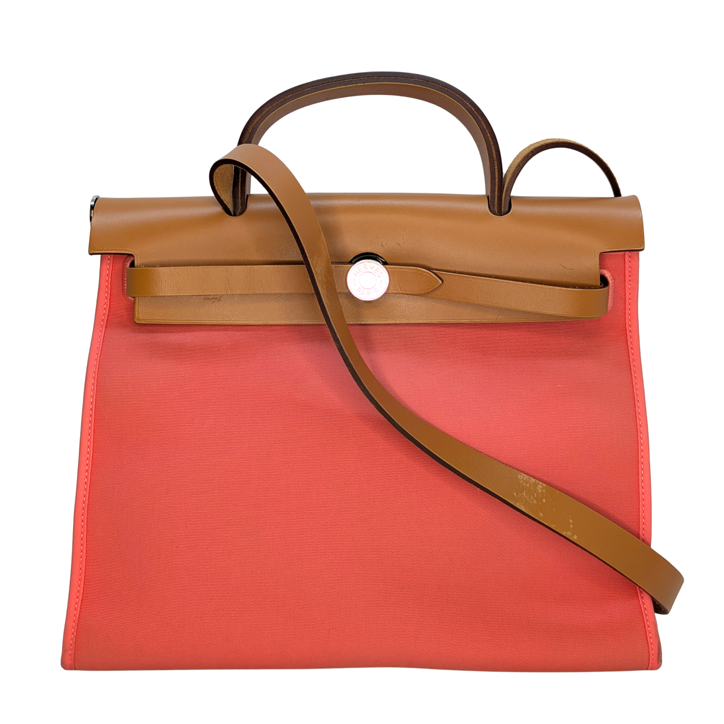 Hermes Vache Hunter Toile Herbag Zip 31 PM Rose Lipstick T Stamp