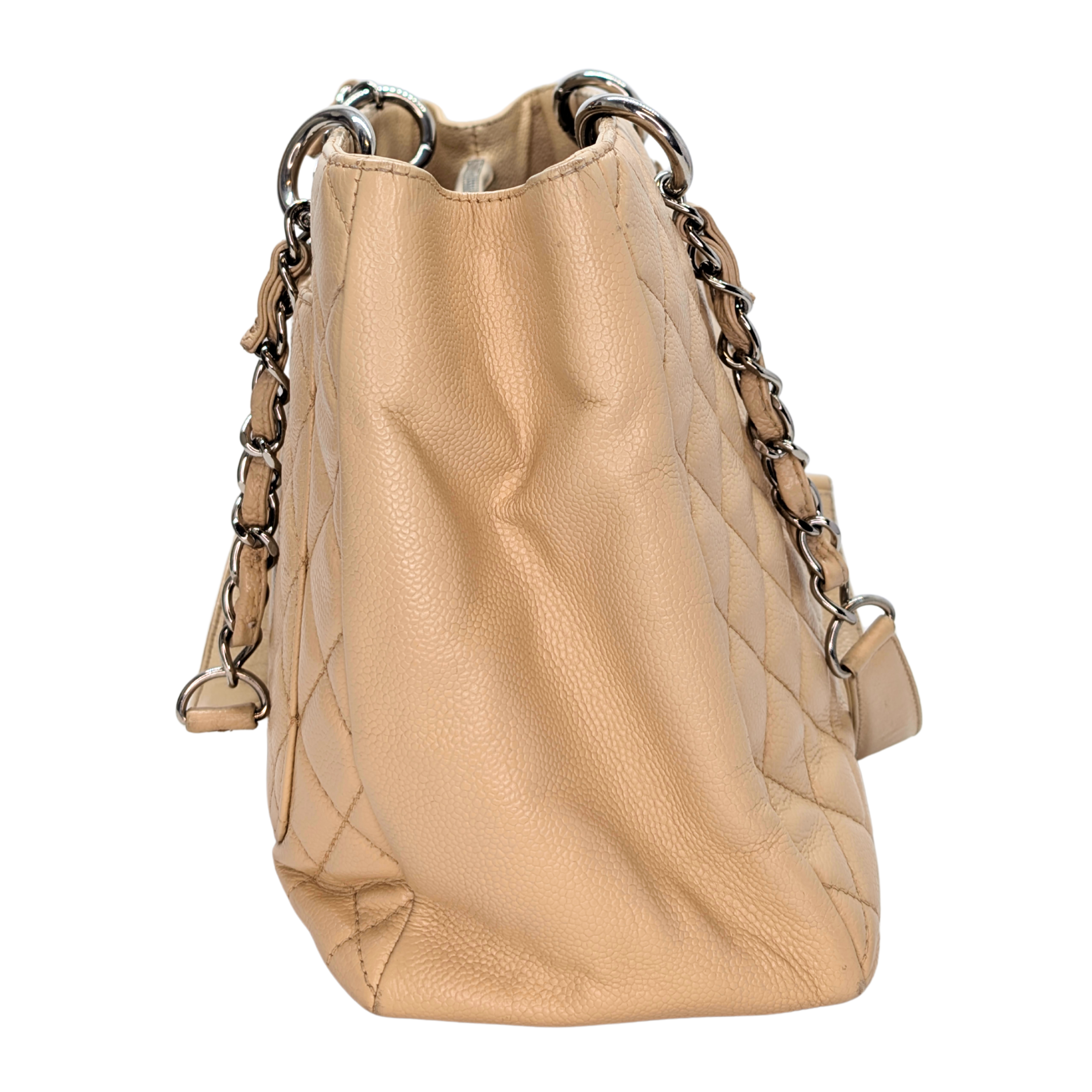 Chanel Quilted Caviar Grand Shopping Tote Beige