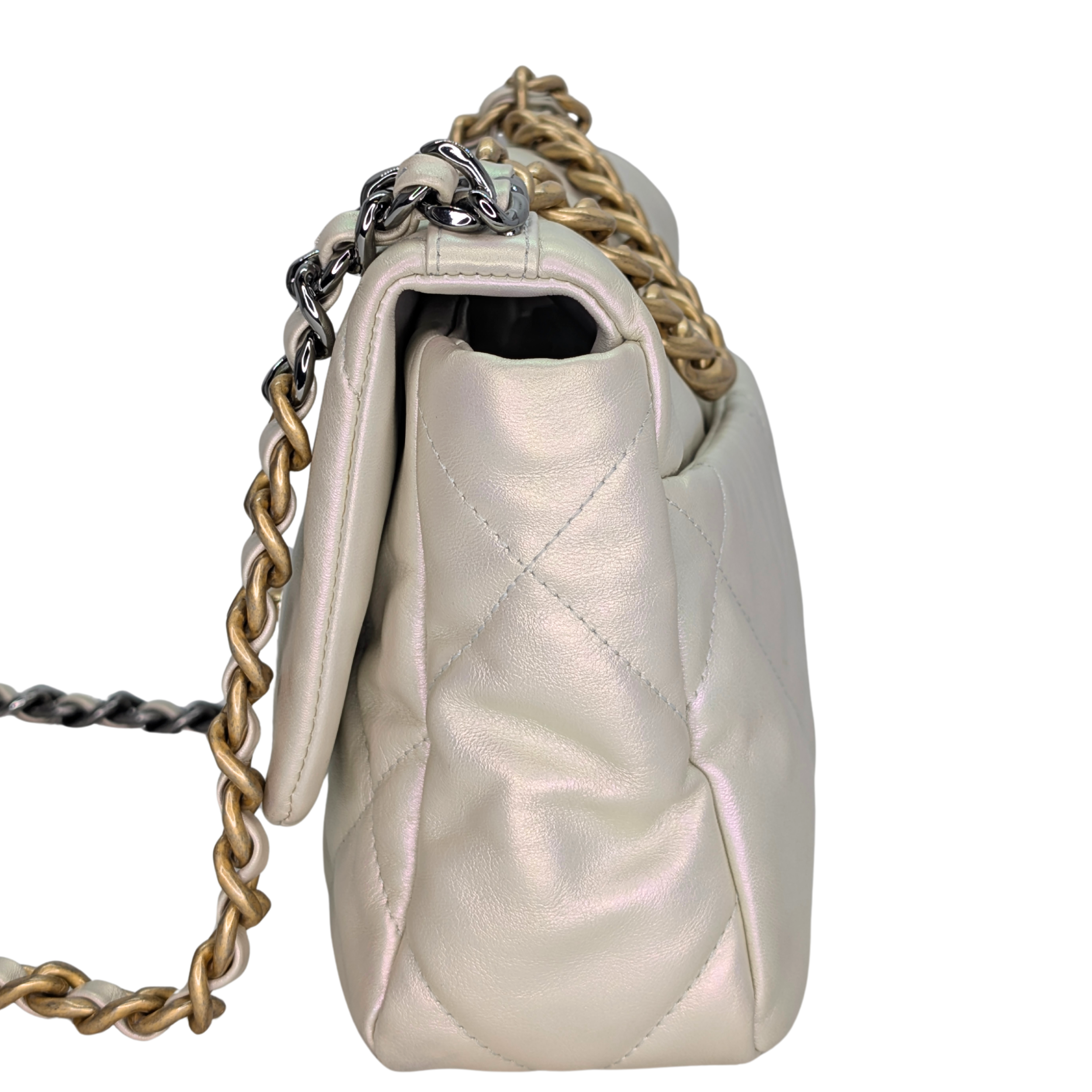 Chanel 19 Medium Calfskin Flap Iridescent White