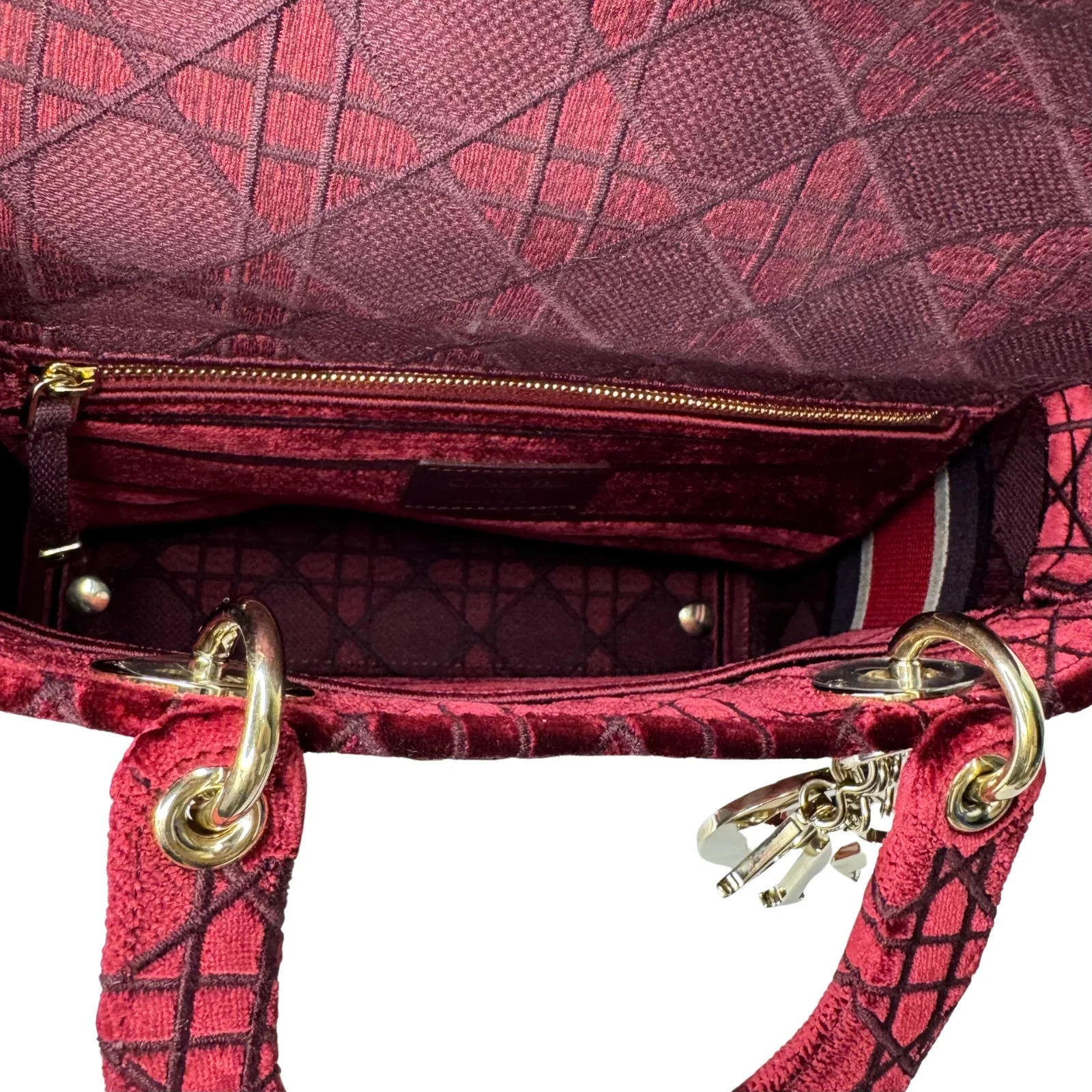 Christian Dior Velvet Cannage Medium Lady D-Lite Bag Burguandy - Lost Designer
