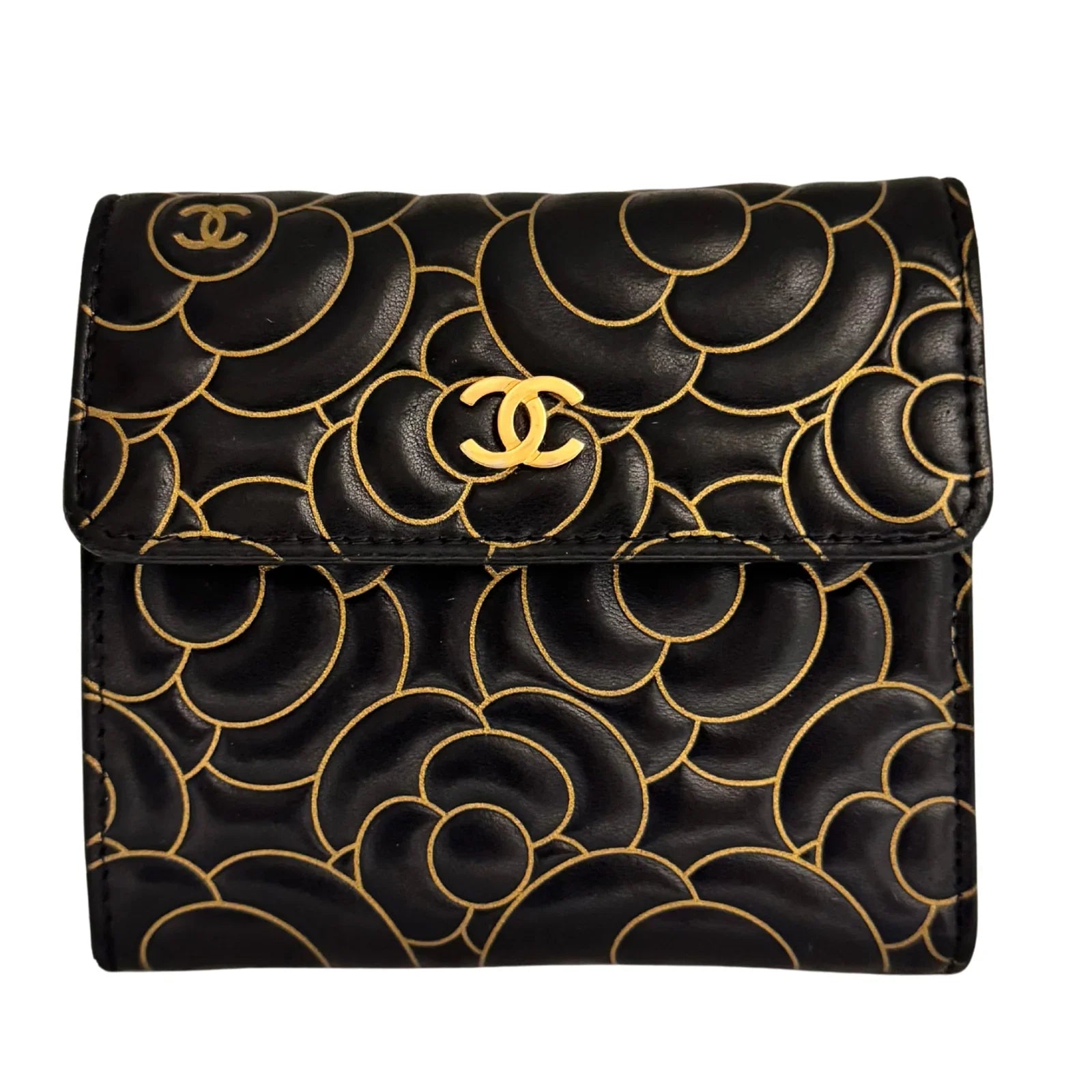 Chanel Lambskin Camellia Embossed Wallet in Black & Gold - Lost Designer
