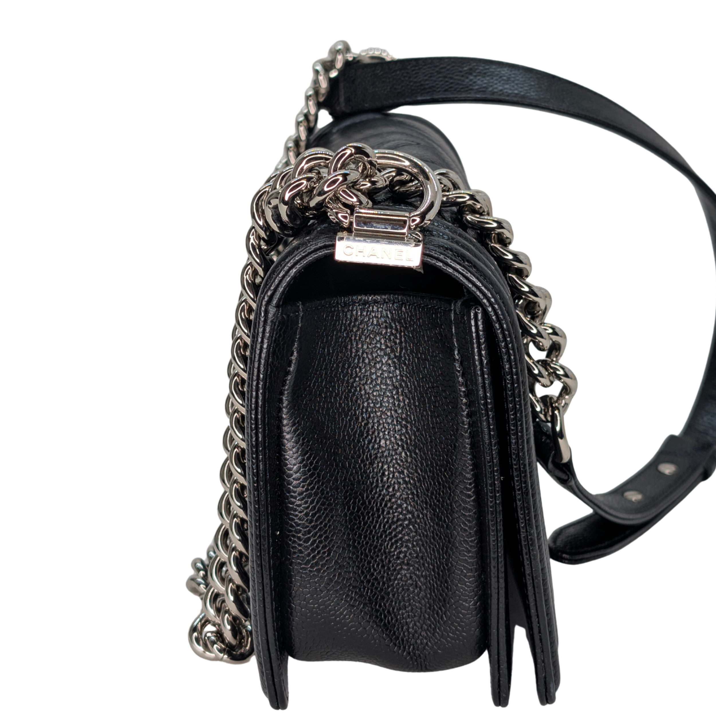 Chanel Old Medium Boy Bag Black Caviar Chevron SHW