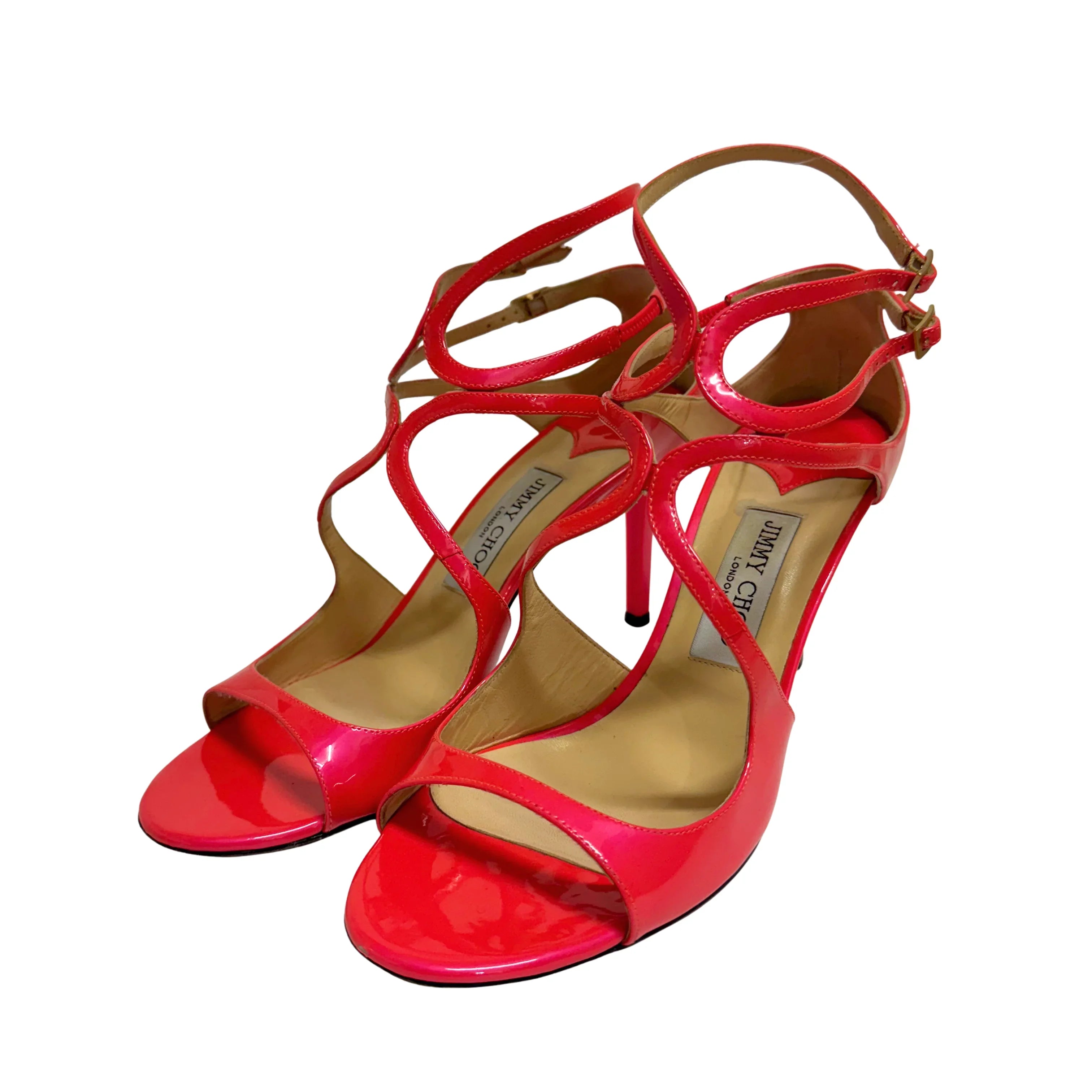 Jimmy Choo Lang 100 Patent Leather Sandals Pumps Neon Pink size 40 - Lost Designer