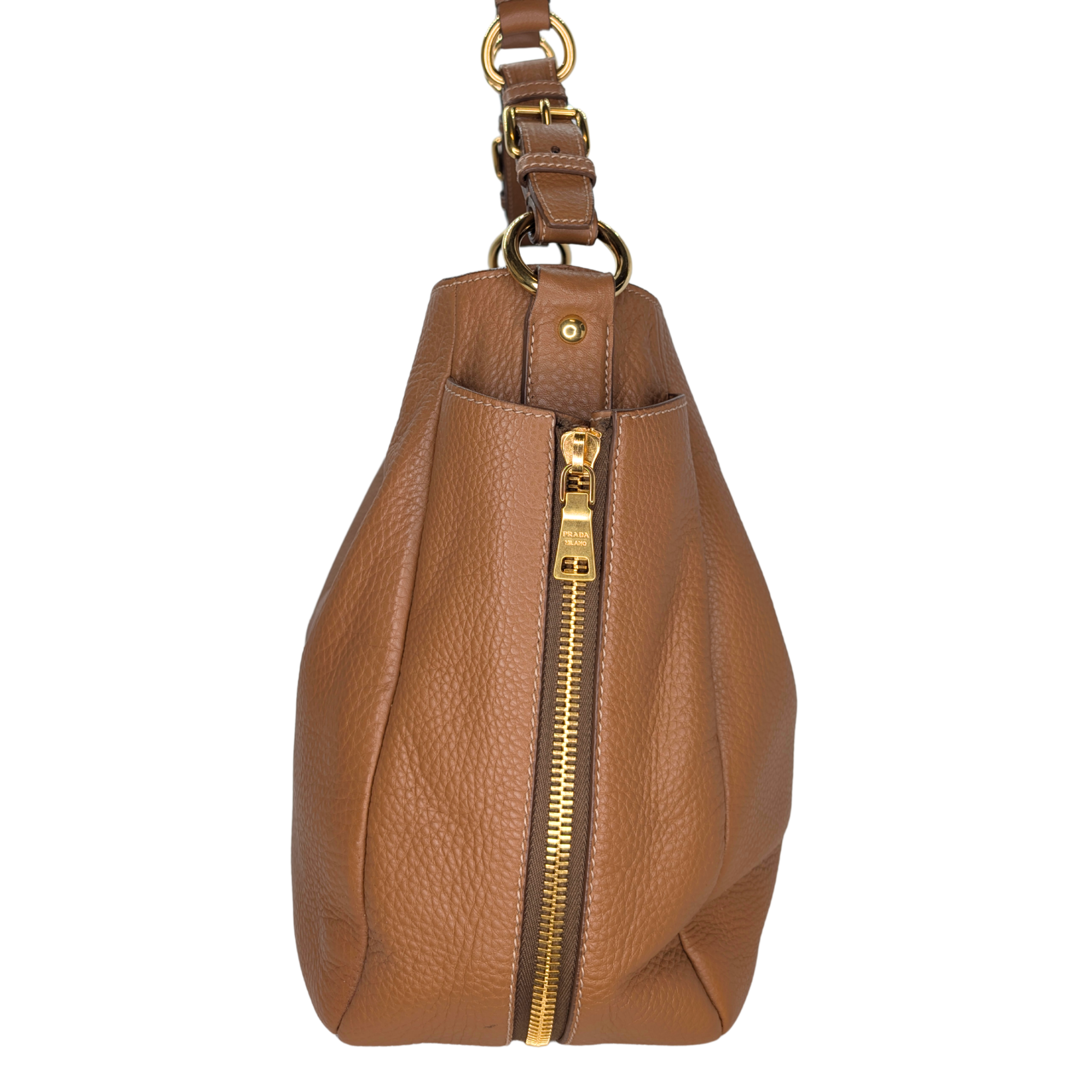 Prada Vitello Daino Leather Side Zip Hobo Tote Bag
