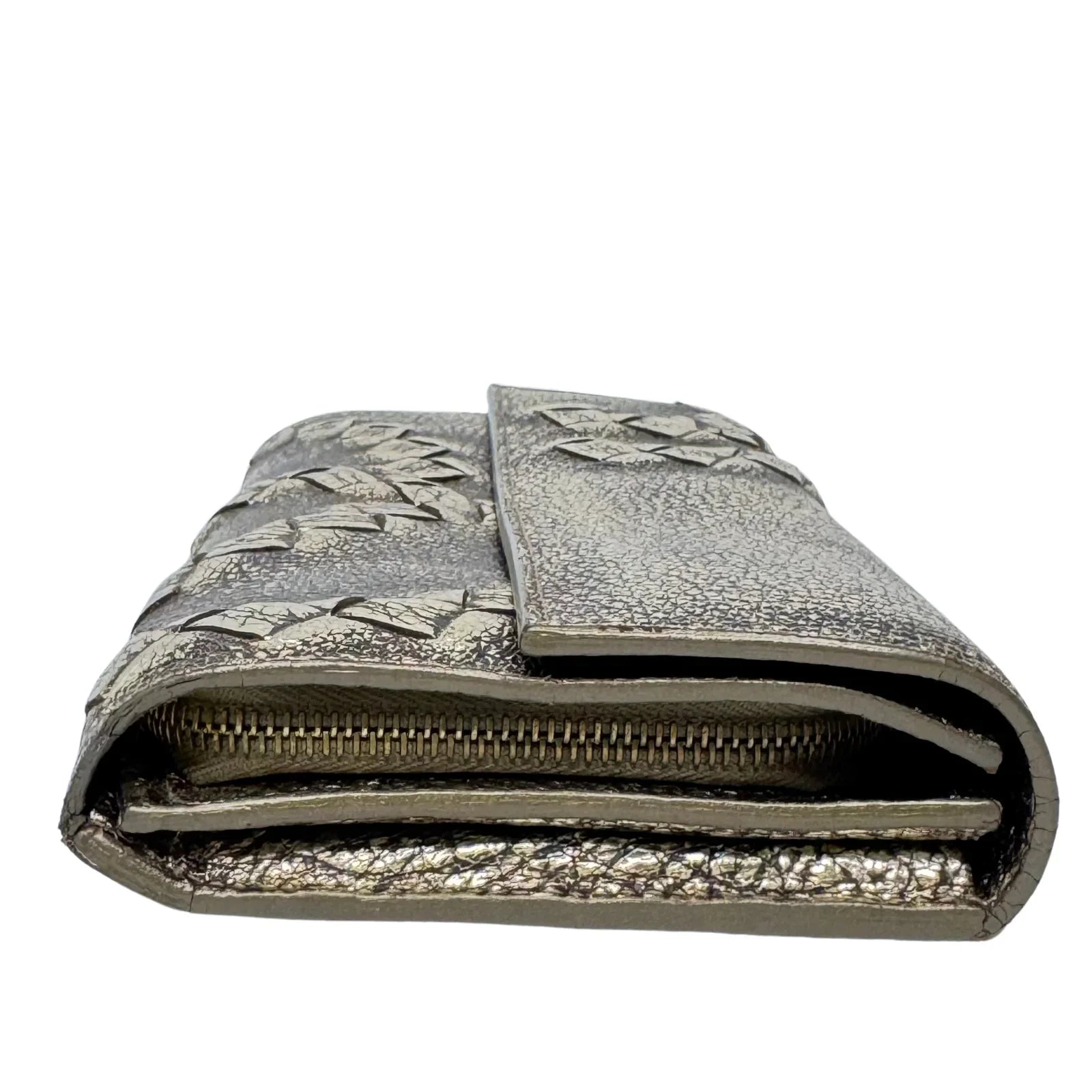 Bottega Veneta Metallic Pewter Woven and Pebbled Leather Long Wallet - Lost Designer