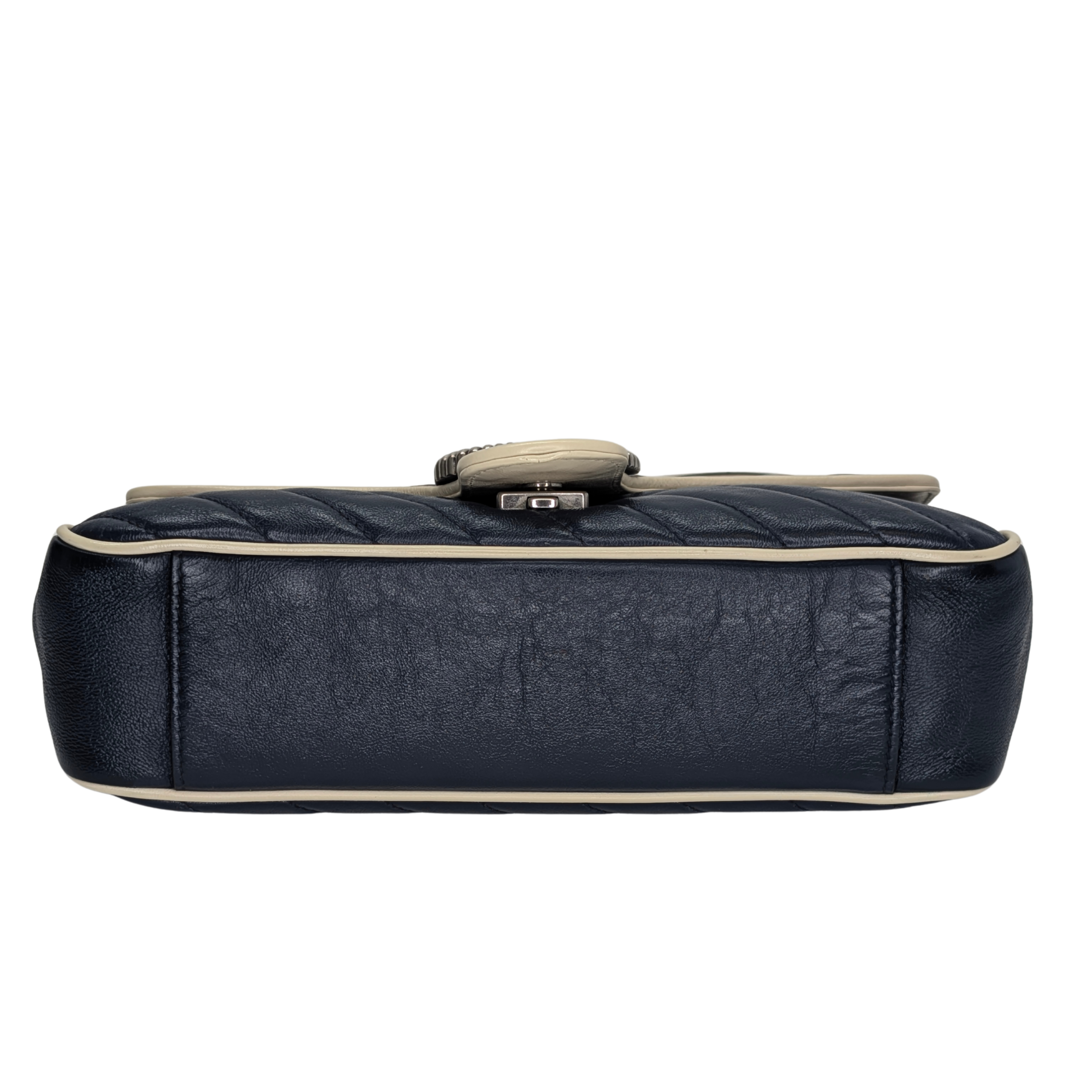 Gucci GG Marmont Matelassé Torchon Flap Crossbody Bag Navy White