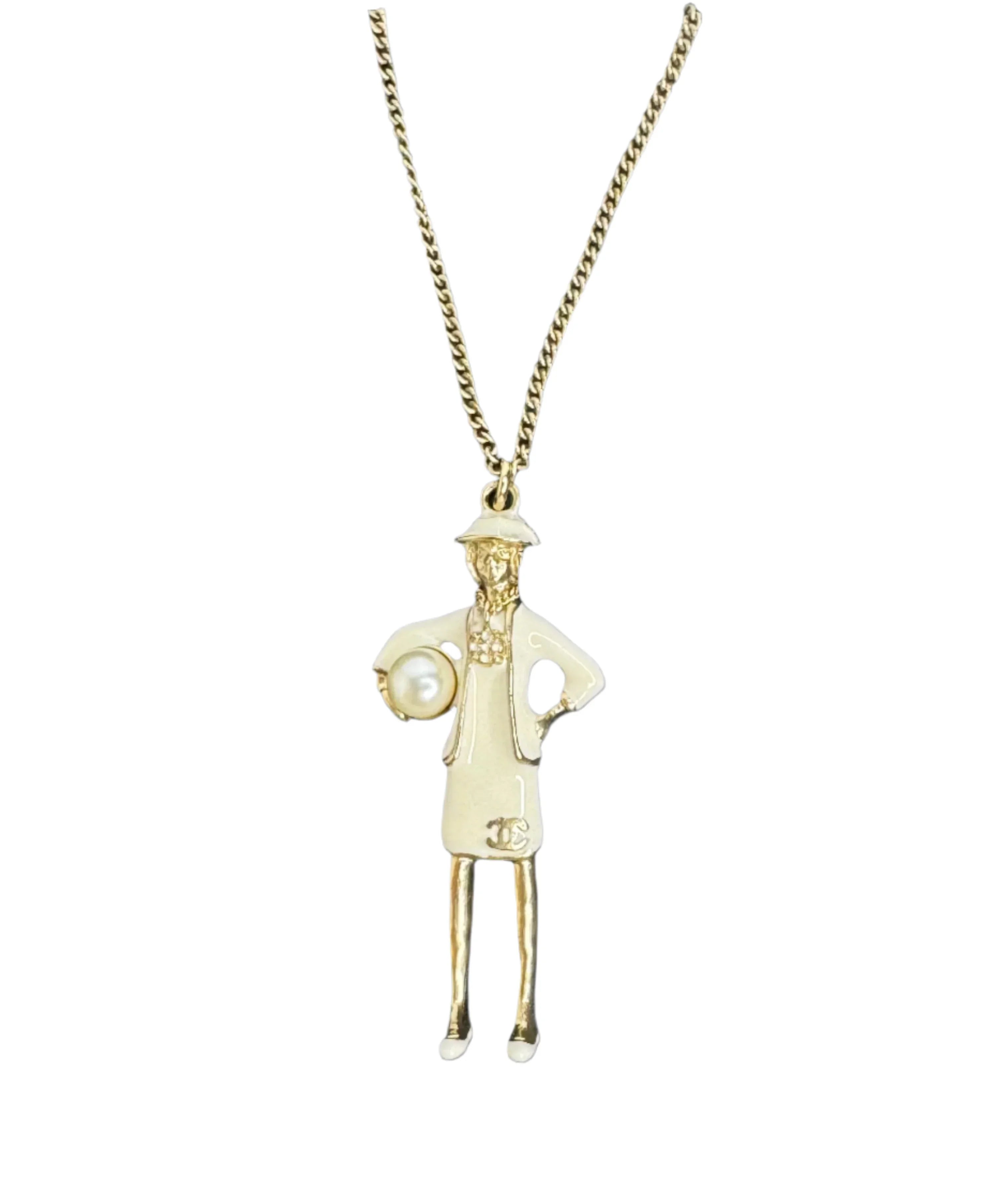 Chanel Mademoiselle Figurine Enamel Pearl Coco CC Pendant Necklace - Lost Designer