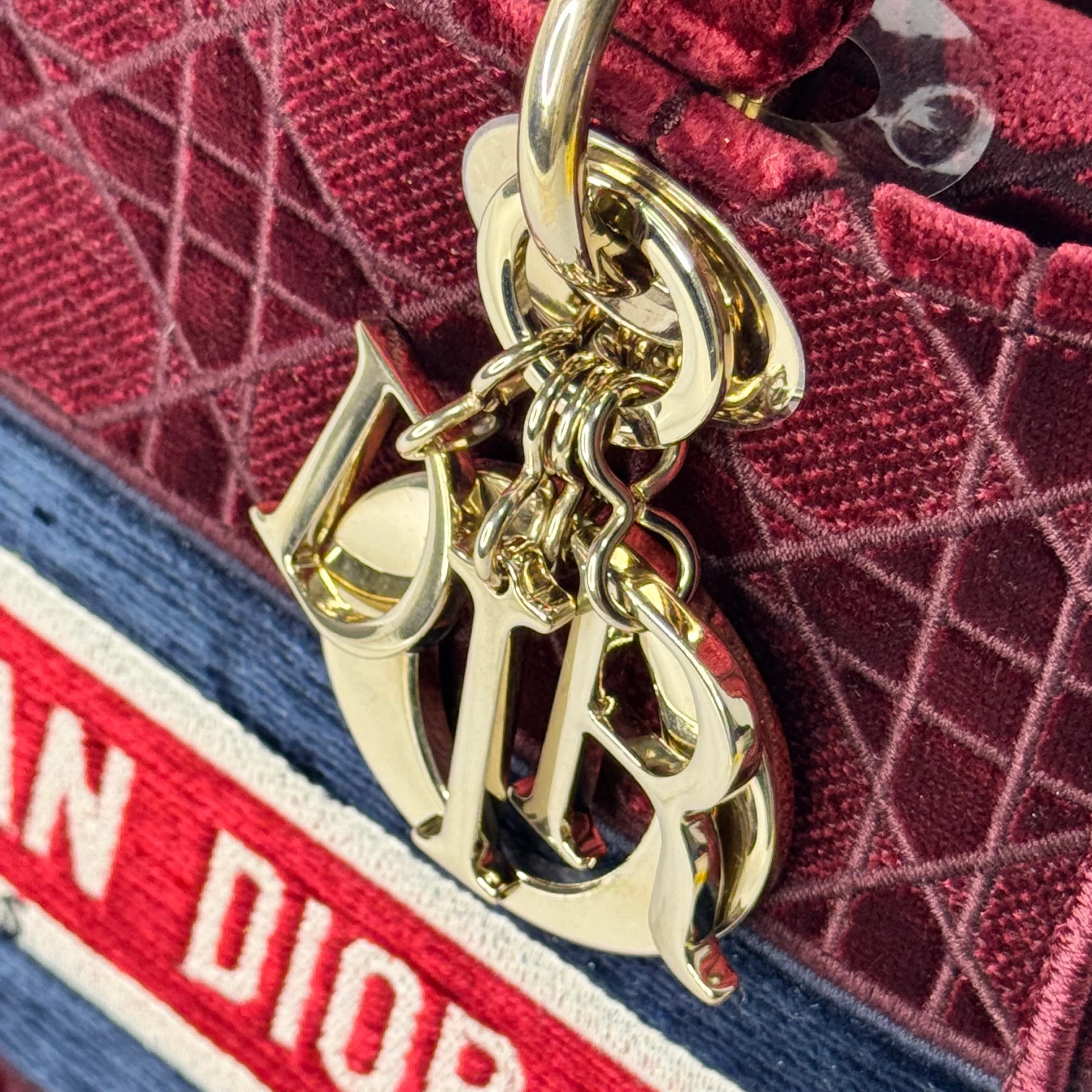 Christian Dior Velvet Cannage Medium Lady D-Lite Bag Burguandy - Lost Designer